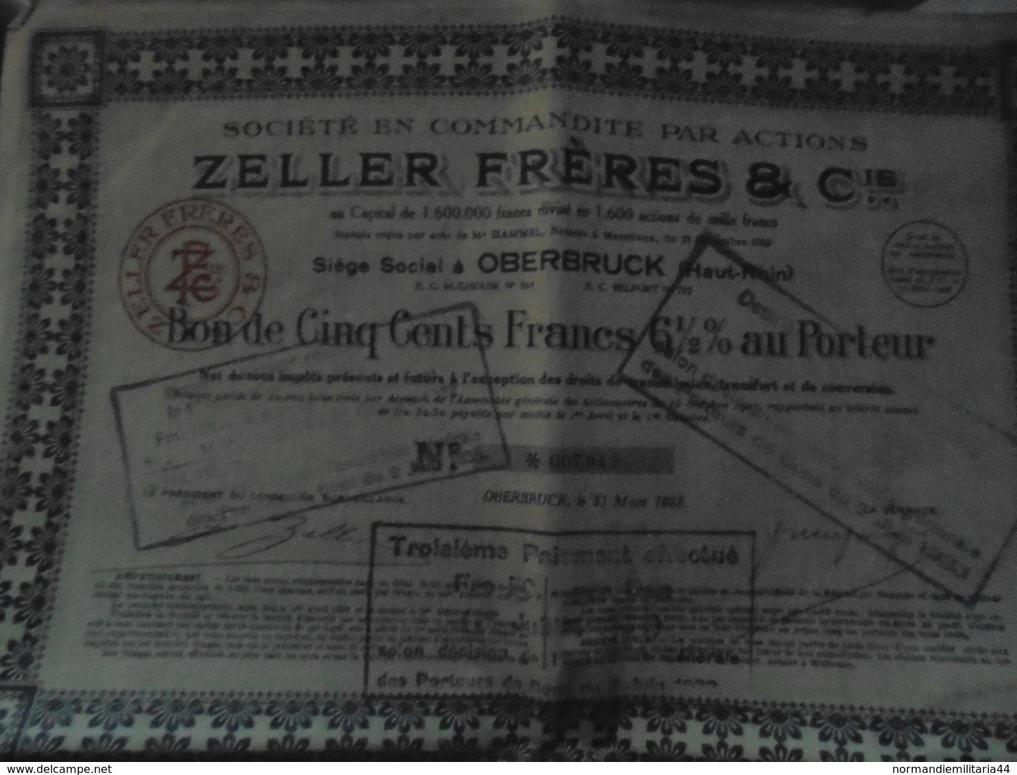 Titre Aux Porteurs ZELLER  Frères Oberbruck Haut Rhin - W - Z