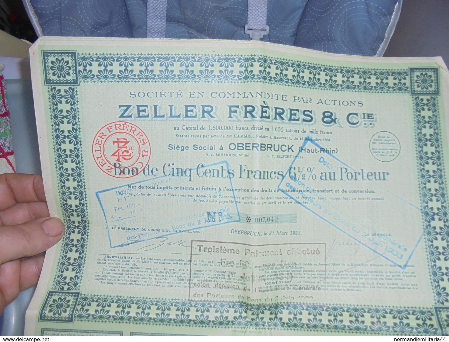 Titre Aux Porteurs ZELLER  Frères Oberbruck Haut Rhin - W - Z