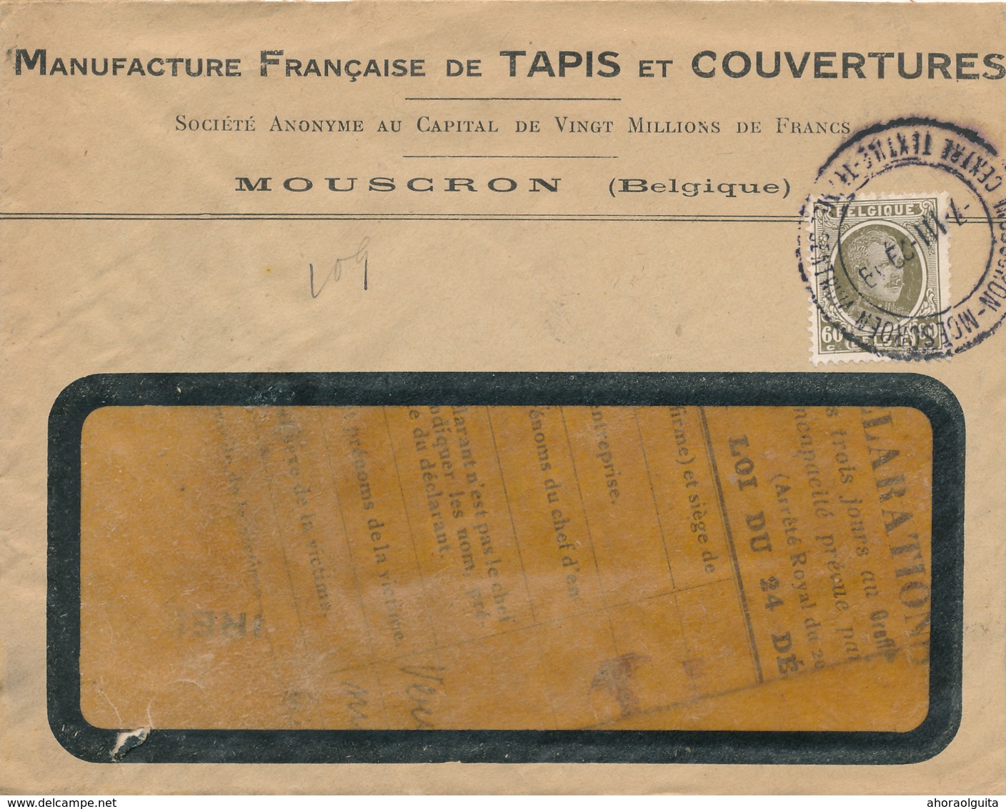 894/28 - Lettre + Contenu TP Houyoux MOUSCRON MOESCROEN 1929 - Entete Manufacture Française De Tapis Et Couvertures - 1922-1927 Houyoux