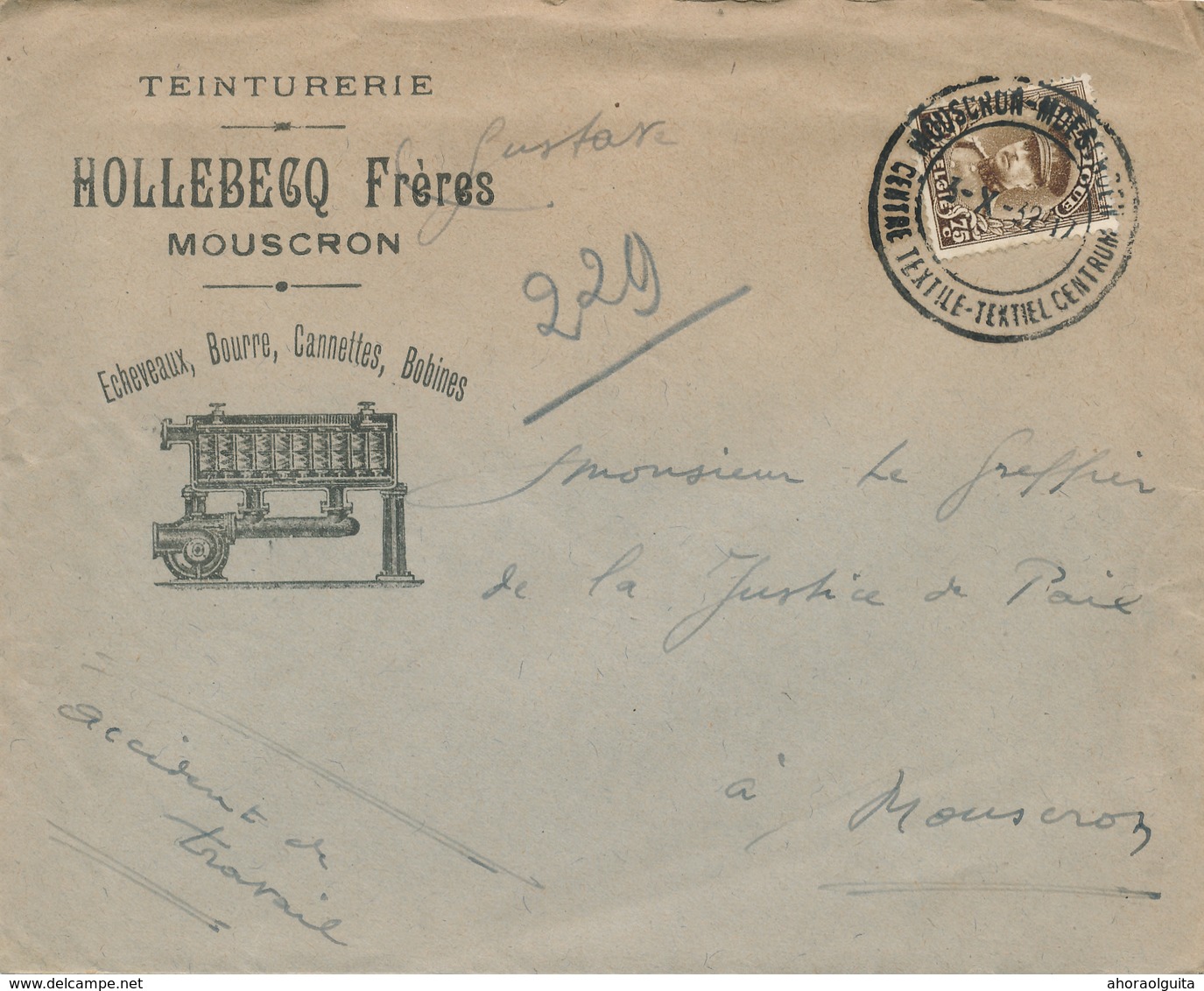 897/28 - Lettre + Contenu TP Képi MOUSCRON MOESCROEN 1932 - Entete Illustrée Teinturerie Hollebecq Frères - 1931-1934 Quepis