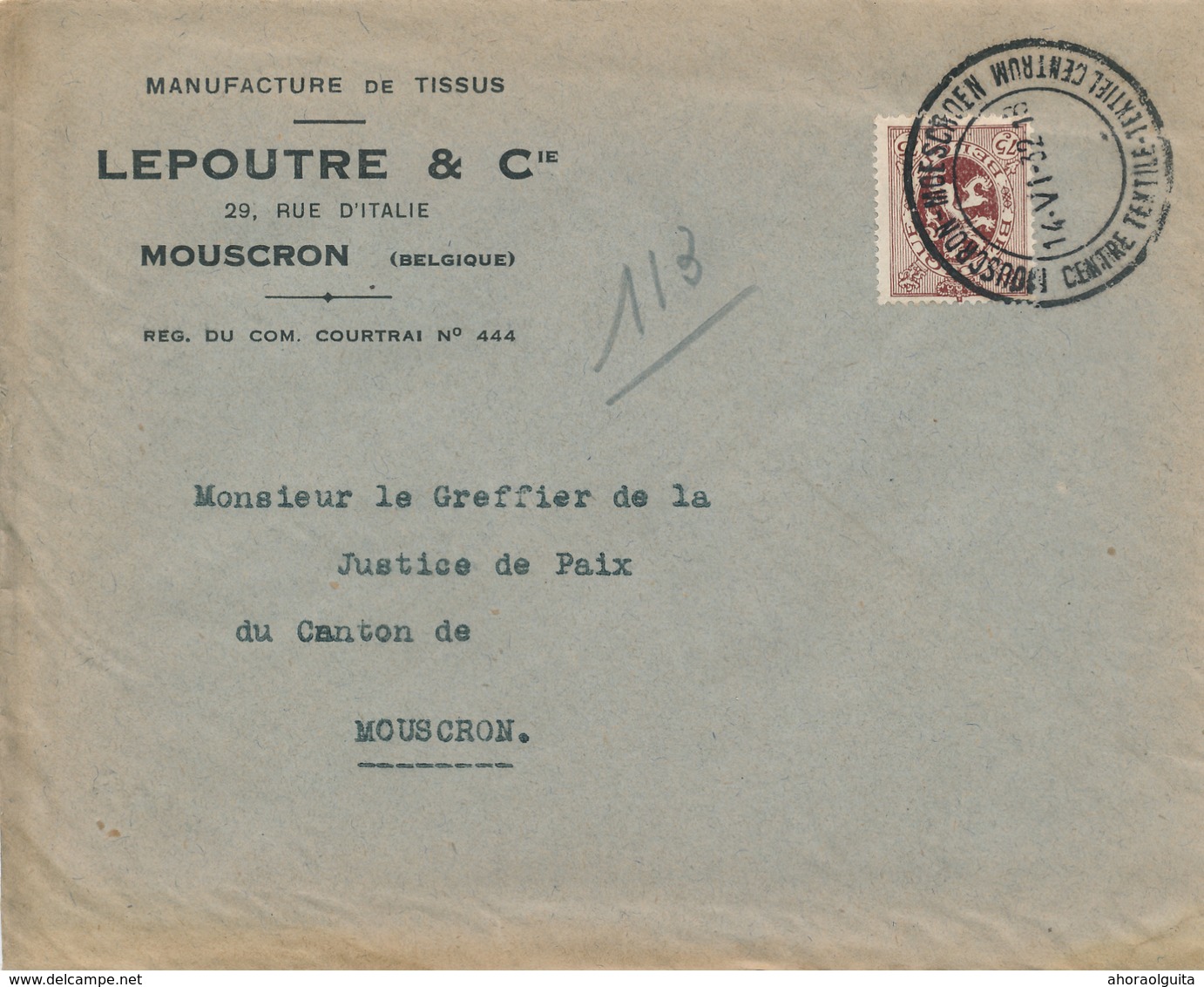 900/28 - Lettre + Contenu TP Lion Héraldique MOUSCRON MOESCROEN 1932 - Entete Manufacture De Tissus Lepoutre - 1929-1937 León Heráldico