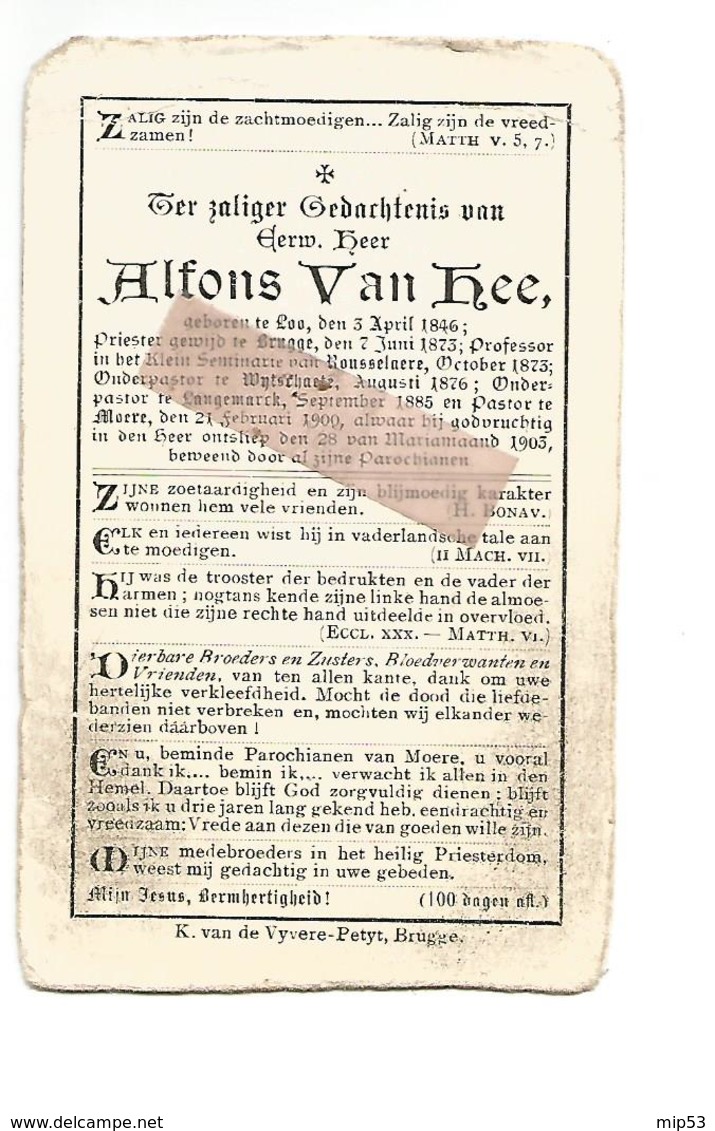 P 931.E.H. ALFONS VAN HEE - °LOO 1846 /BRUGGE/ROUSSELARE/WIJTSCHATE/LANGEMARK - +MOERE1903 - Devotion Images