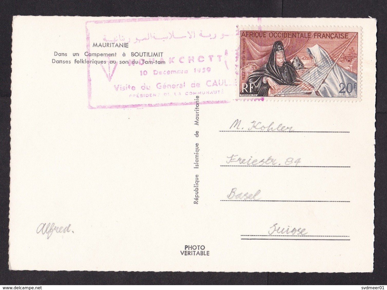 French West Africa AOF: Picture Postcard To Switzerland, 1959, 1 Stamp, Lady, Harp?, Cancel De Gaulle (traces Of Use) - Brieven En Documenten