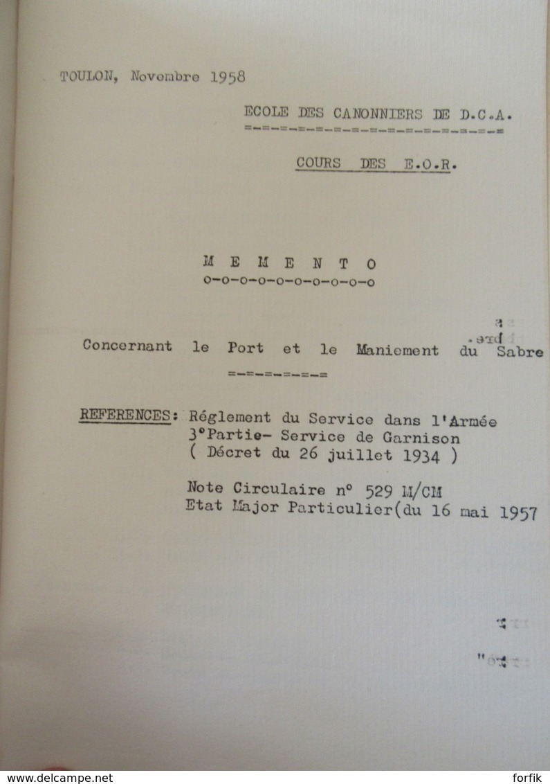 Rare Manuel Militaire Sur Le Port Et Maniement Du Sabre - Toulon, Novembre 1958 - Ecole Des Canonniers De D.C.A. - Français