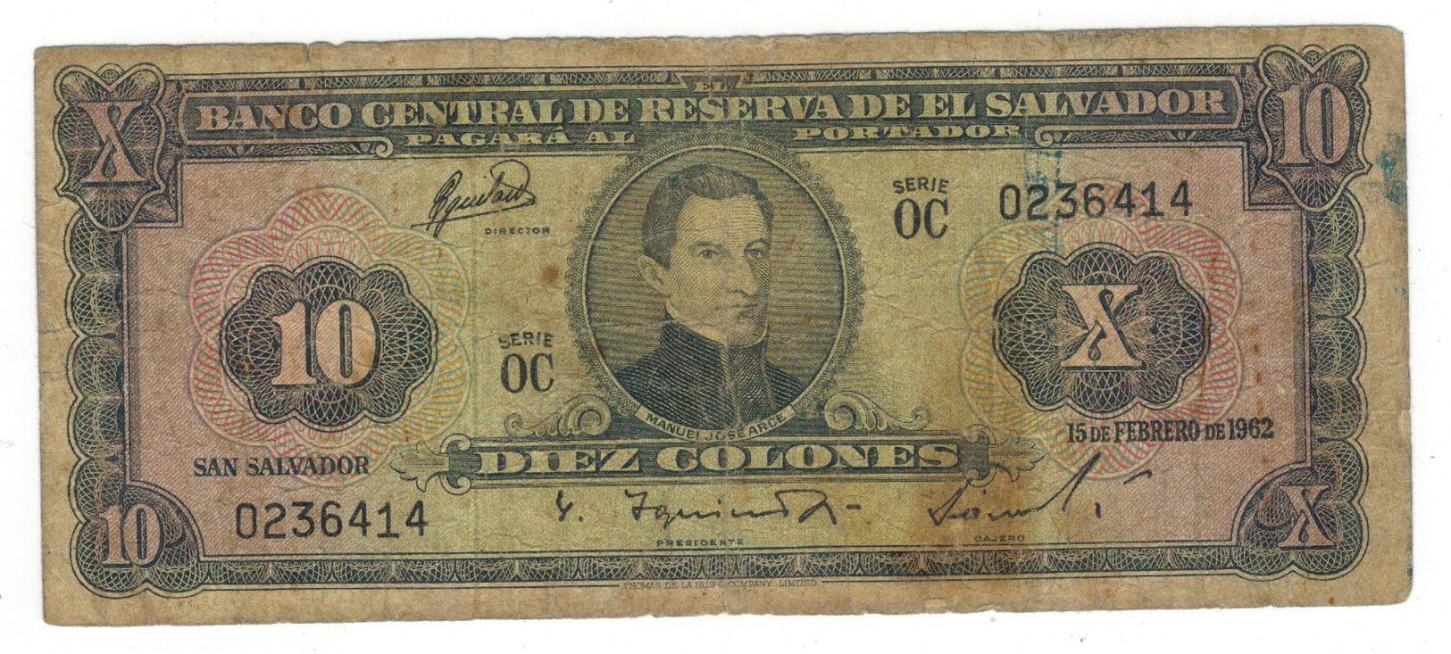 El Salvador 10 Colones 1962, VG/F. - Salvador