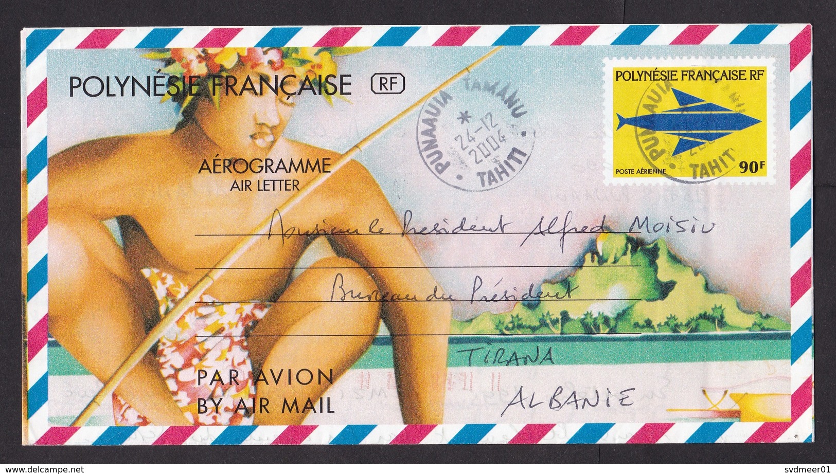 French Polynesia: Stationery Aerogramme Punaauia Tahiti To Albania, 2004, Fish, Rare Real Use! (traces Of Use) - Brieven En Documenten