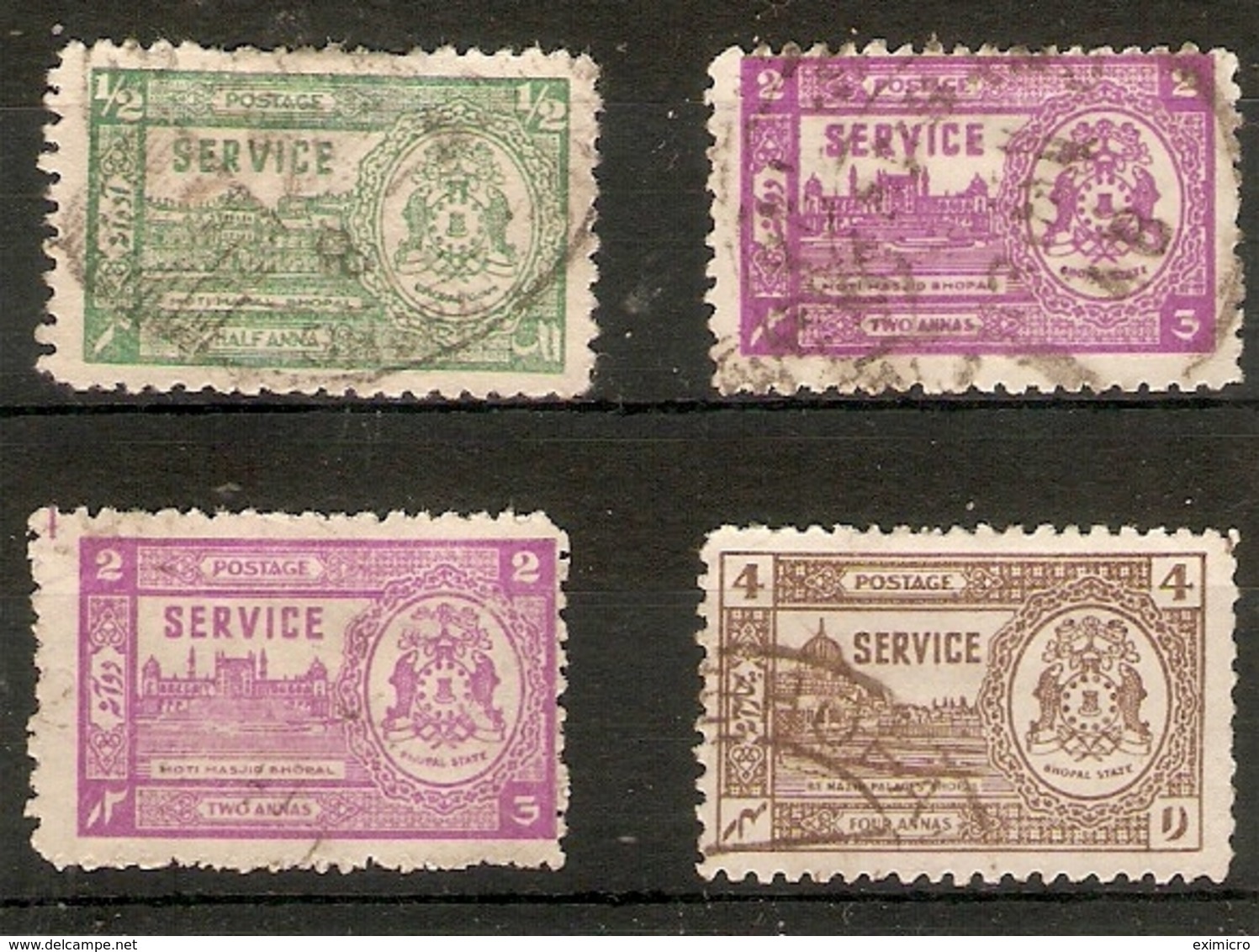 INDIA - BHOPAL 1944 - 1947 OFFICIALS SET OF 4 STAMPS SG O347, O348c, O348d, O349  FINE USED Cat £22 - Bhopal