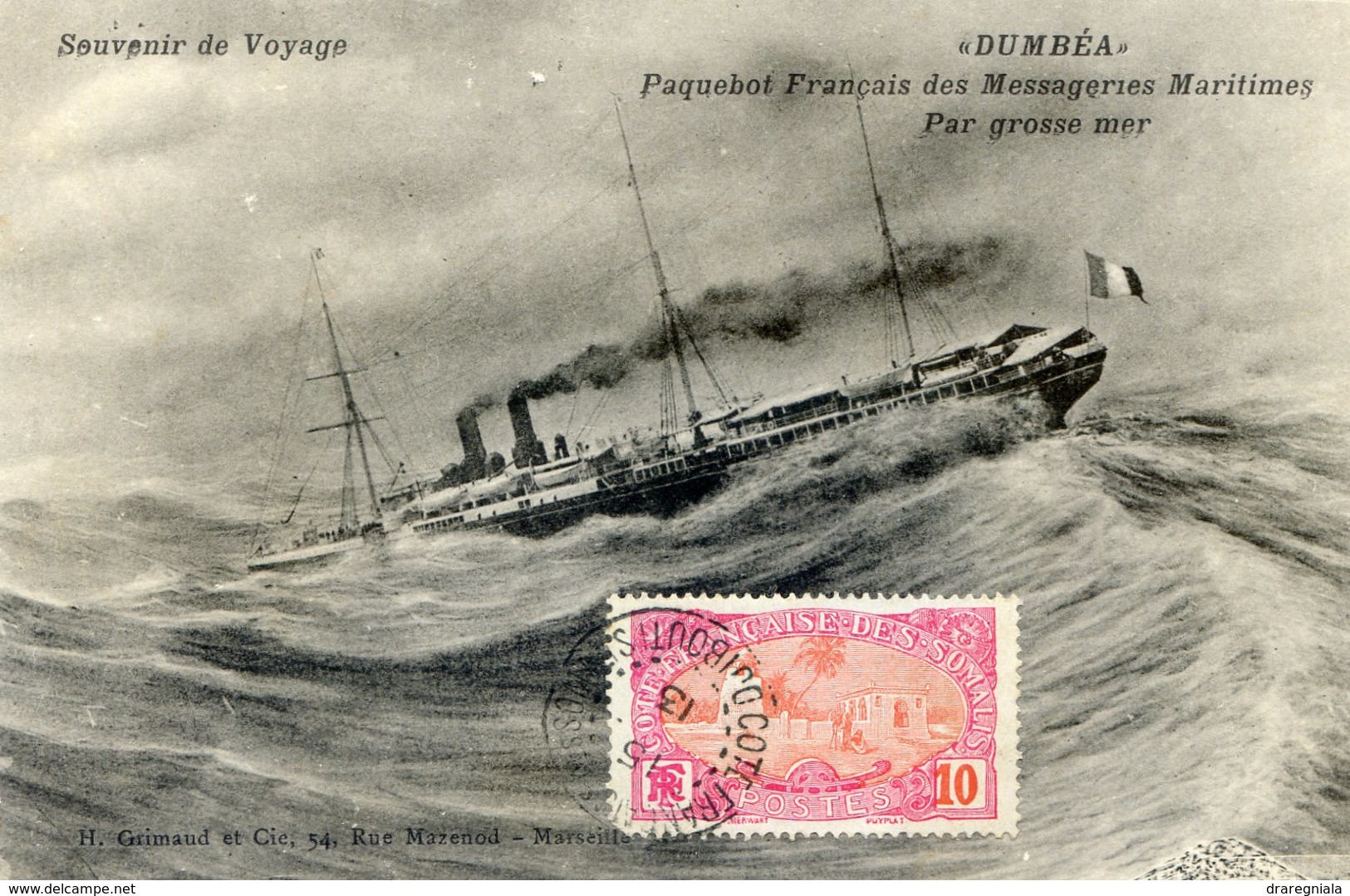 DUMBEA , Paquebot Français Des Messageries Maritimes Par Grosse Mer - Timbre SOMALIS 10C DJIBOUTI 1913 - Steamers