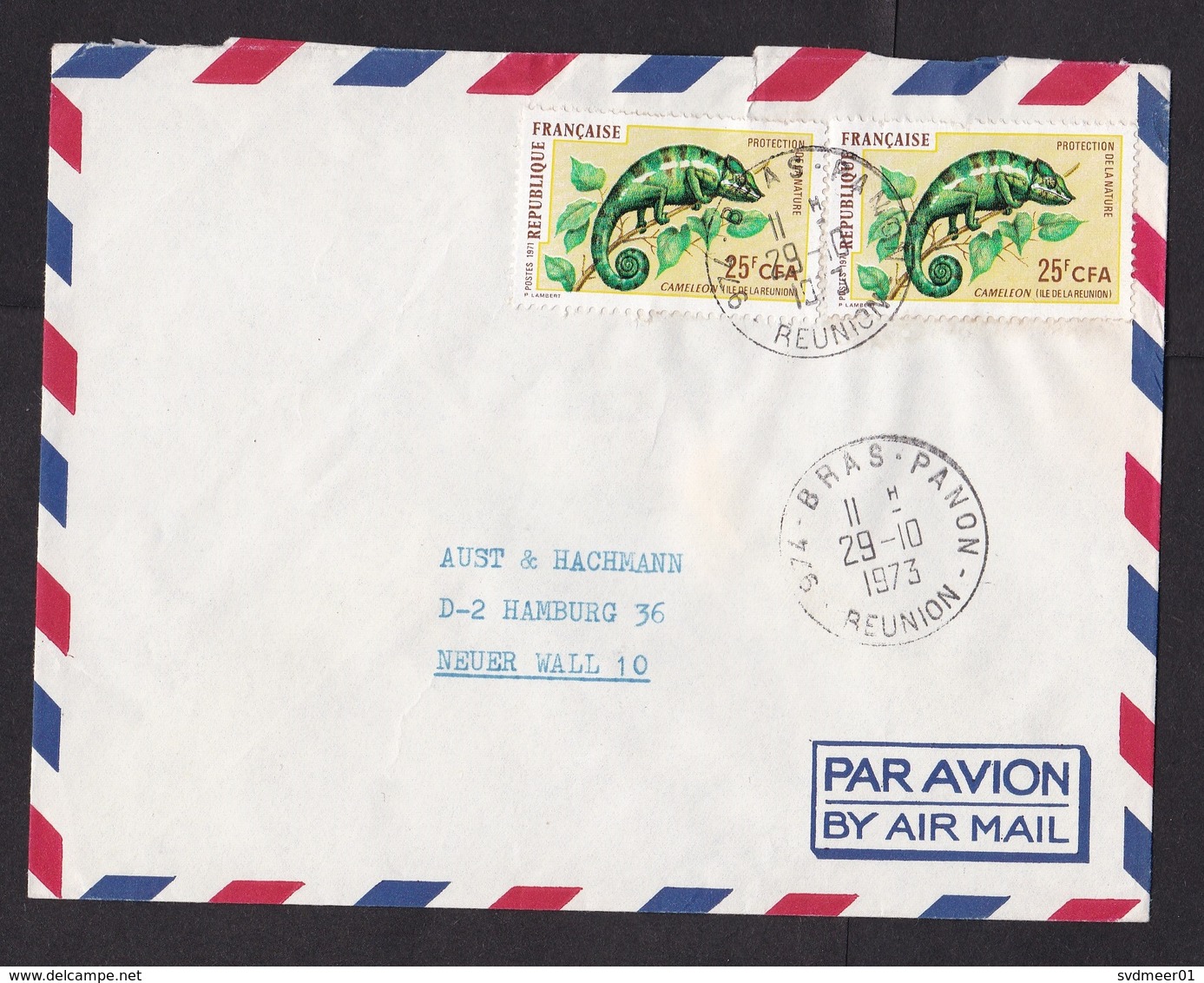 Reunion: Airmail Cover Bras-Panon To Germany, 1973, 2 Stamps, Chameleon Reptile Animal, CFA (minor Damage) - Storia Postale