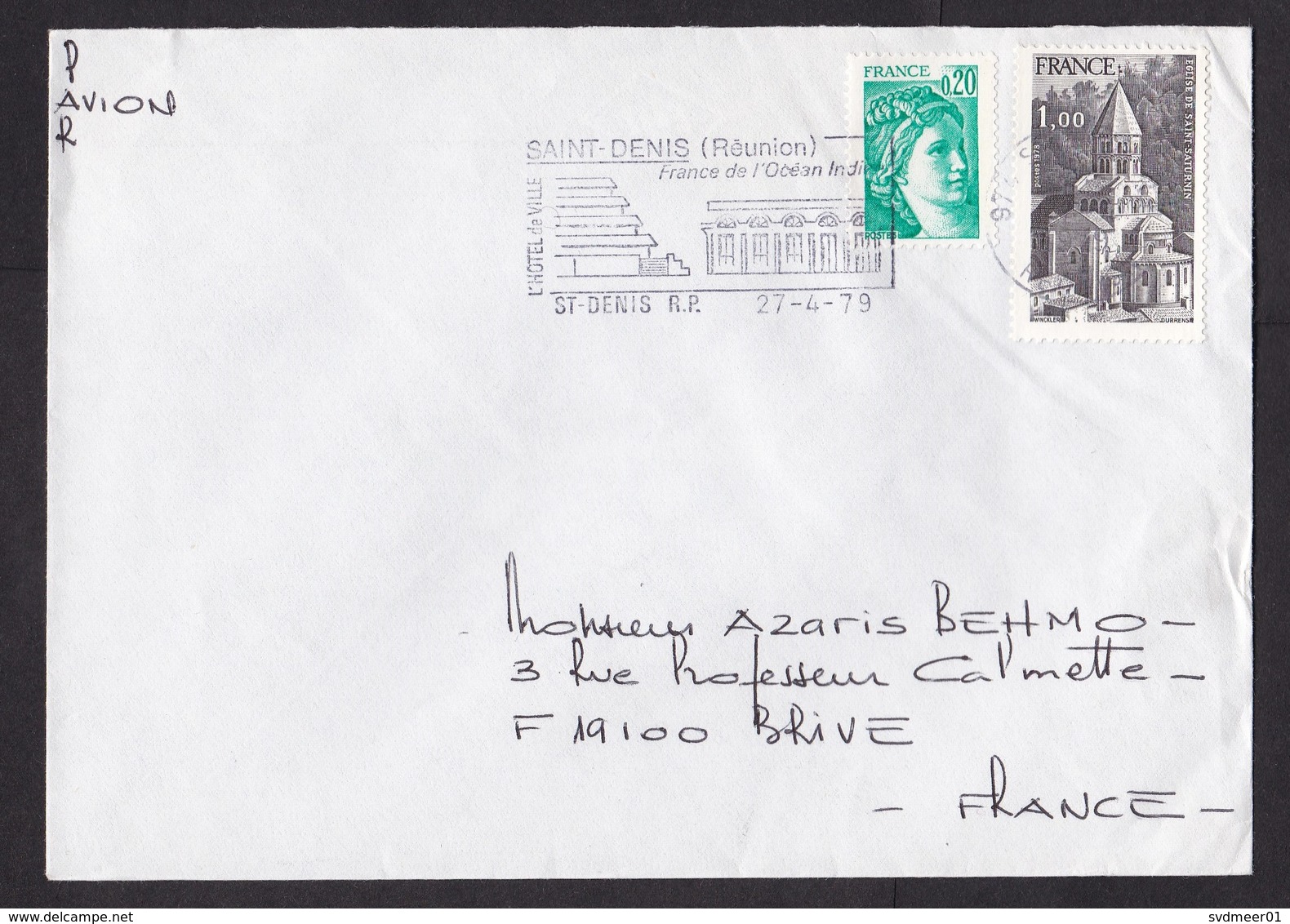 Reunion: Airmail Cover To France, 1979, 2 Stamps, Church, Marianne, Cancel City Hall (traces Of Use) - Andere & Zonder Classificatie