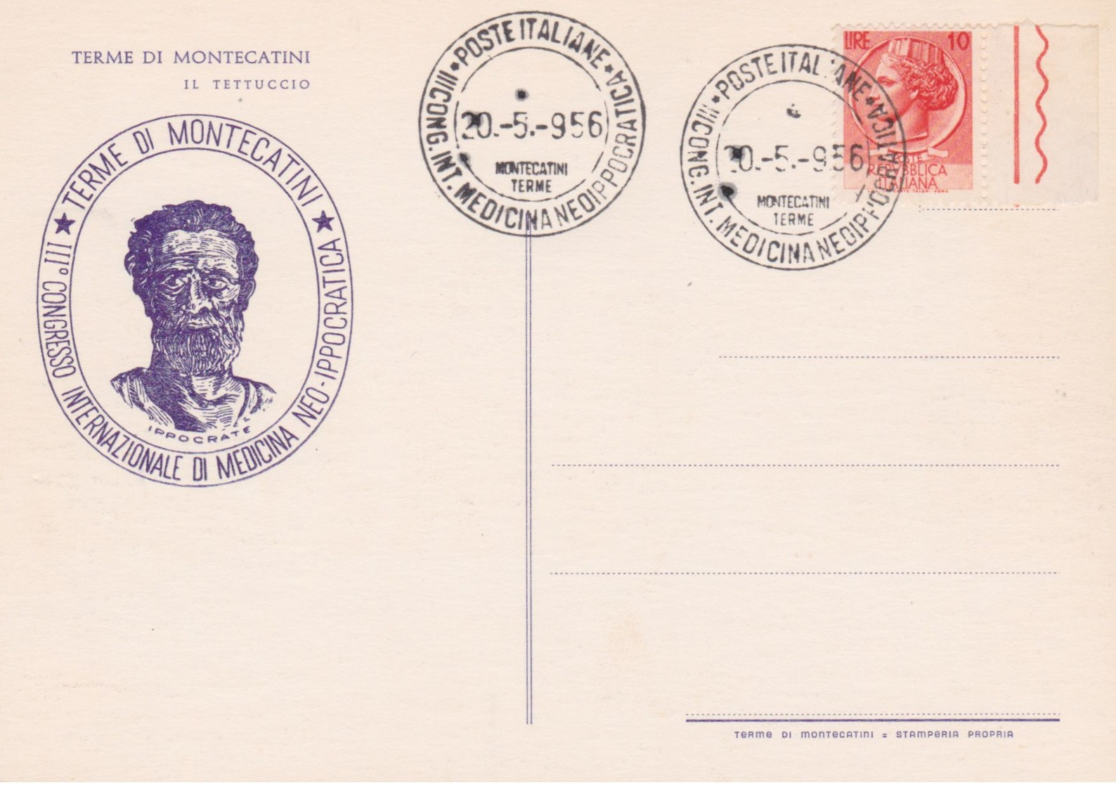 1956MONTECATINI TERMA III  CONGR. MEDICINA NEOIPPOCRATICA (20.5) Annullo Speciale Su Cartolina Non Viaggiata - 1946-60: Storia Postale