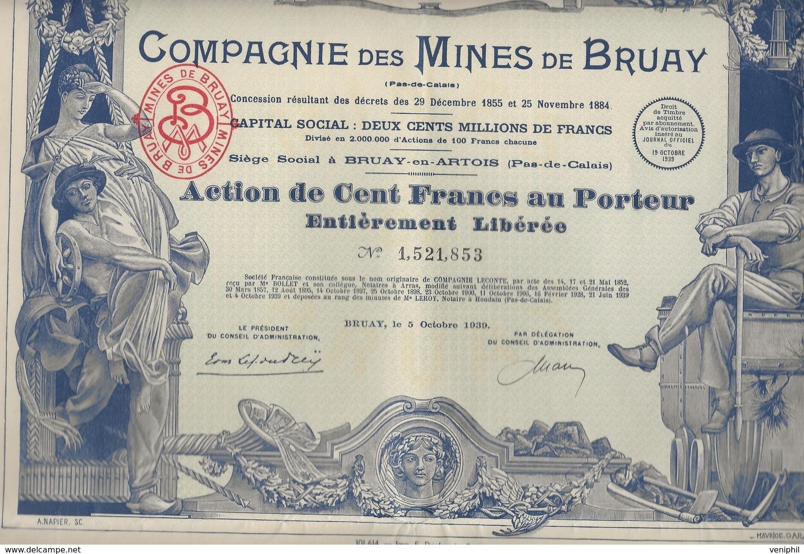 ACTION DE CENT FRANCS - COMPAGNIE DES MINES DE BRUAY - ANNEE 1939 - Bergbau
