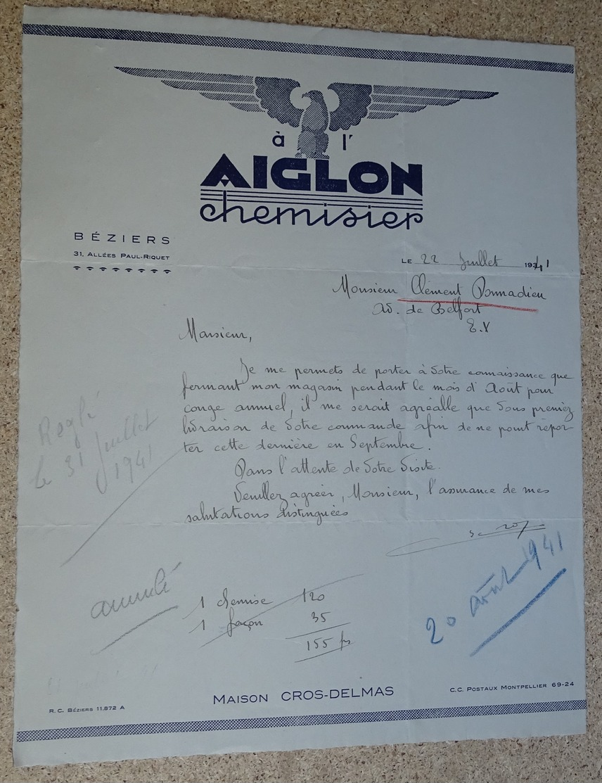 Facture Ancienne - Courrier - 1941 - à L'aiglon - Chemisier - Béziers - Signé - 1900 – 1949