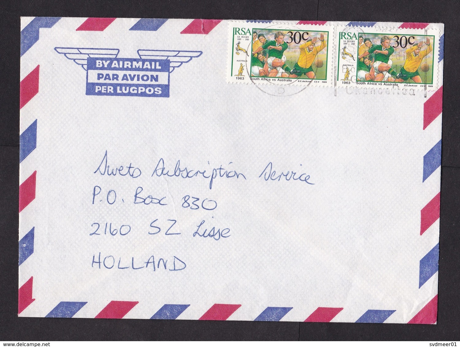 South Africa: Airmail Cover To Netherlands, 1991, 2 Stamps, Rugby Match Australia, Sports (traces Of Use) - Brieven En Documenten