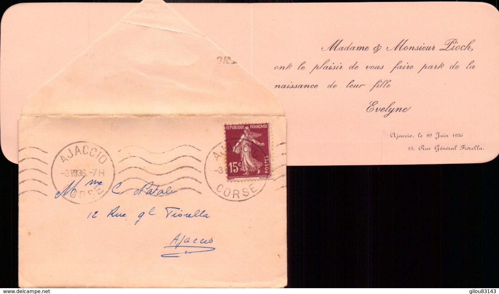 Corse,  Ajaccio, Lettre, Famille, Naissance, 1936      (bon Etat) - Unclassified