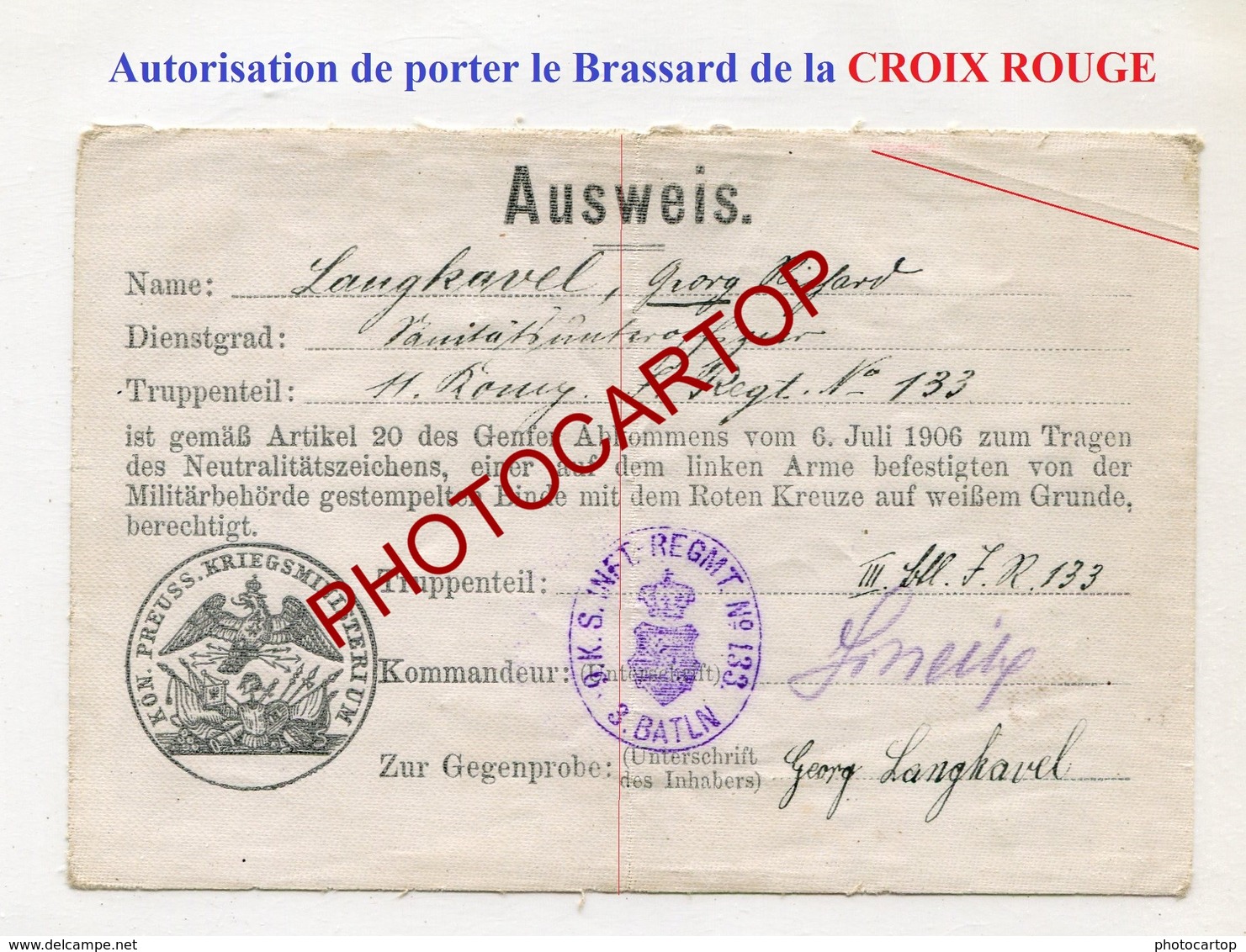 RARE-AUSWEIS-Passeport CROIX ROUGE-Genfer Konventionen-Papier Entoile-Guerre 14-18-1WK-Militaria- - Red Cross