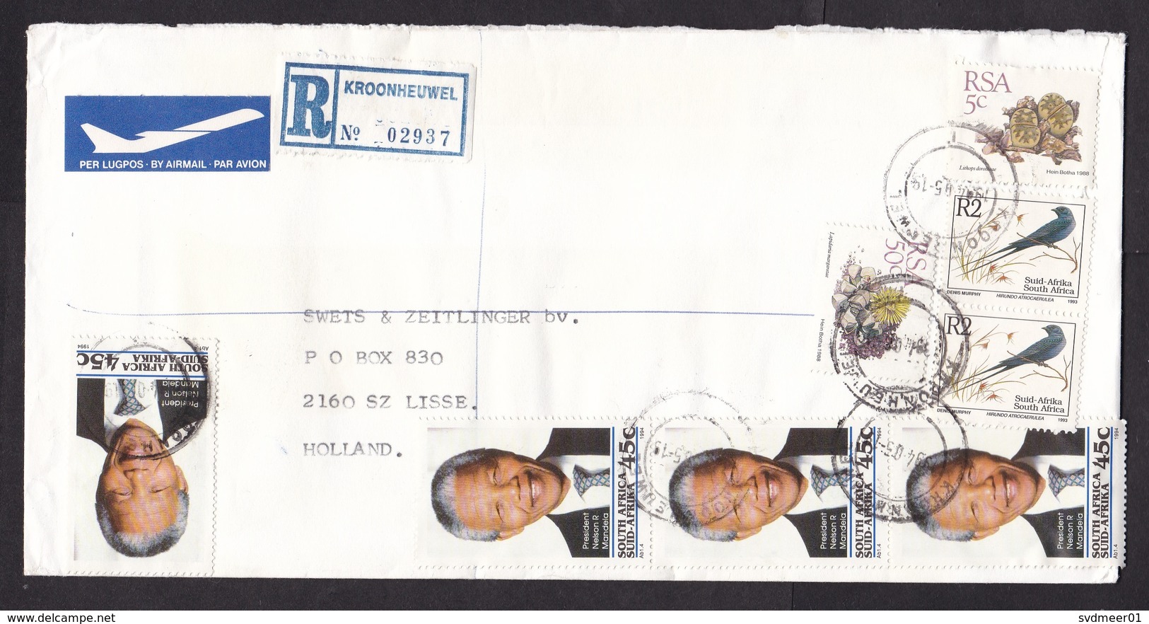 South Africa: Registered Cover To Netherlands 1994, 8 Stamps, Mandela, Bird, Plant, R-label Kroonheuwel (minor Damage) - Brieven En Documenten