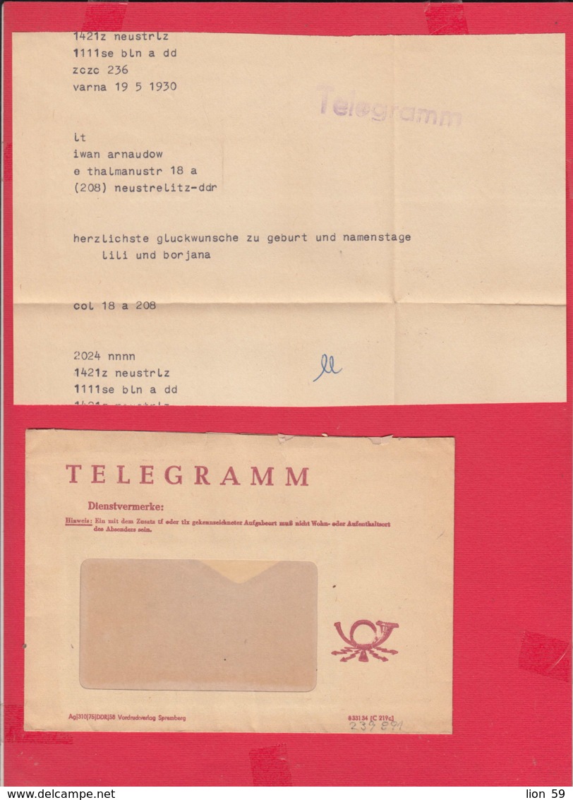 239891 / DDR Germany Telegram Telegramme Telegramm + COVER 1976 Neustrelitz - VARNA BULGARIA - Covers & Documents