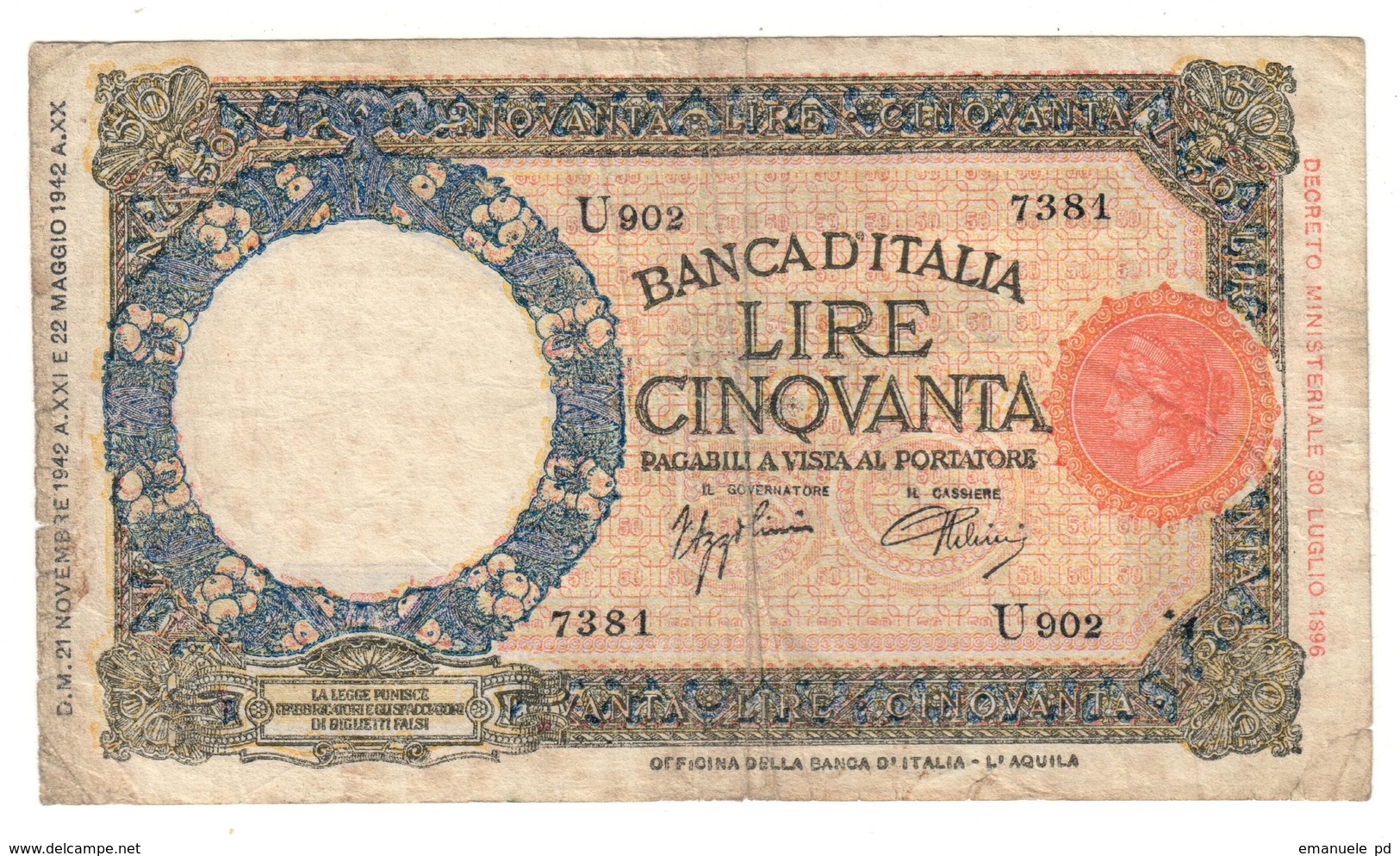 Italy 50 Lire Lupa 21/11/1942 Officina L'Aquila - 50 Lire