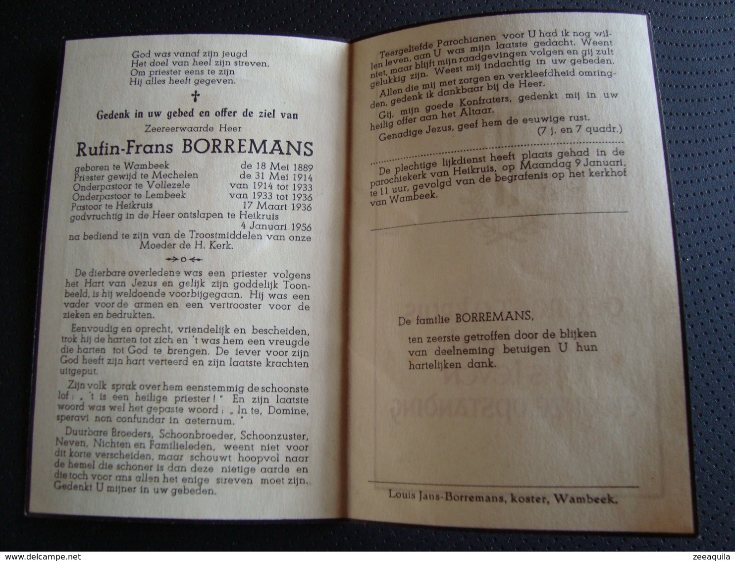 Rufin Borremans Geboren Te Wambeek 1889, Priester Mechelen, Vollezele Lembeek Pastoor Heikruis, Overleden In 1956 - Décès