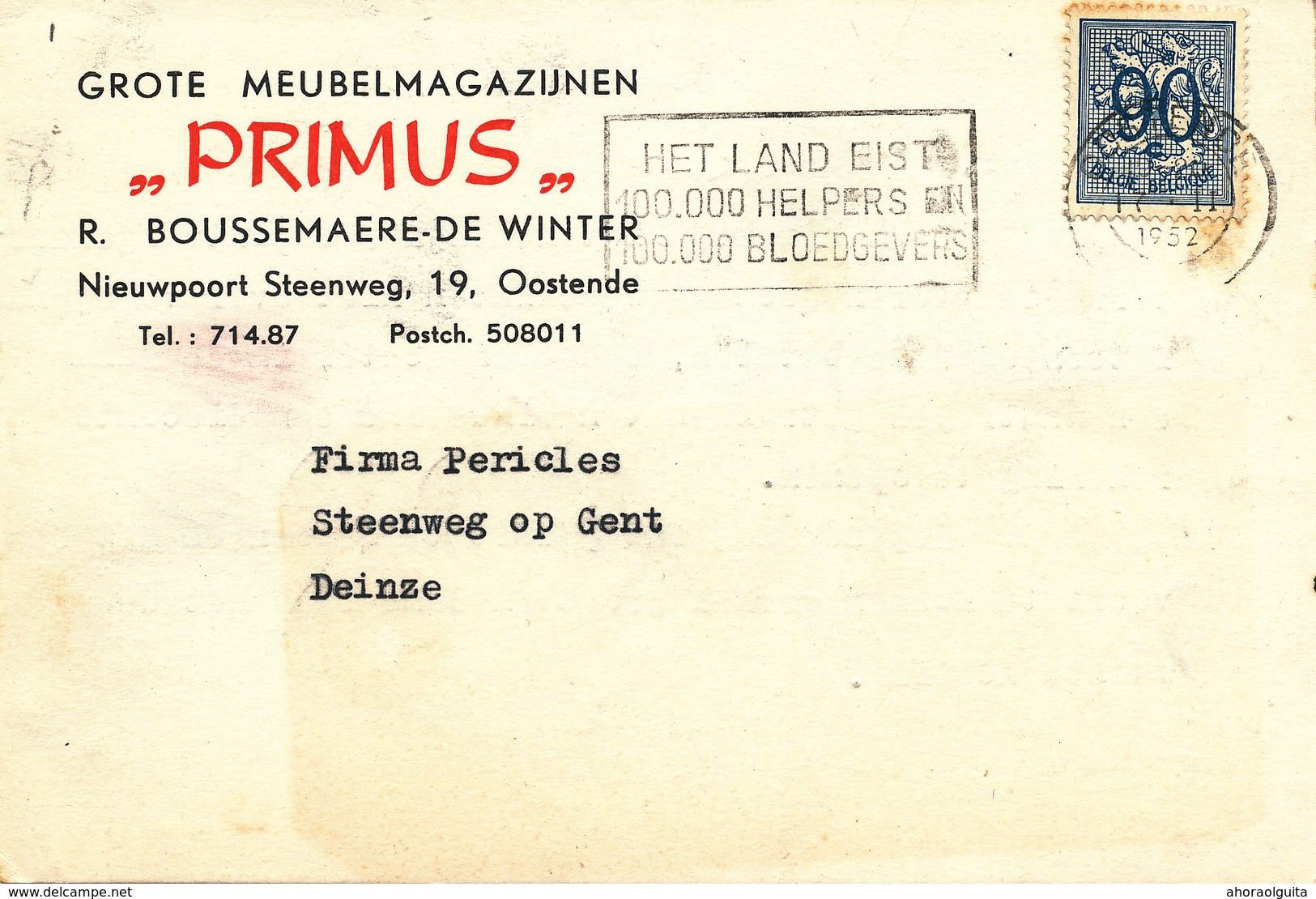 921/28 - Carte Privée TP Lion Héraldique OOSTENDE 1952 - Entete Meubel Magazijnen Primus , Boussemaere-De Winter - 1951-1975 Heraldischer Löwe (Lion Héraldique)