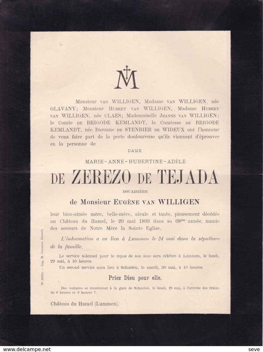 HAMEL LUMMEN Marie-Anne De ZEREDO De TEJADA Veuve Van WILLIGEN  68 Ans 1893 Faire-part - Décès