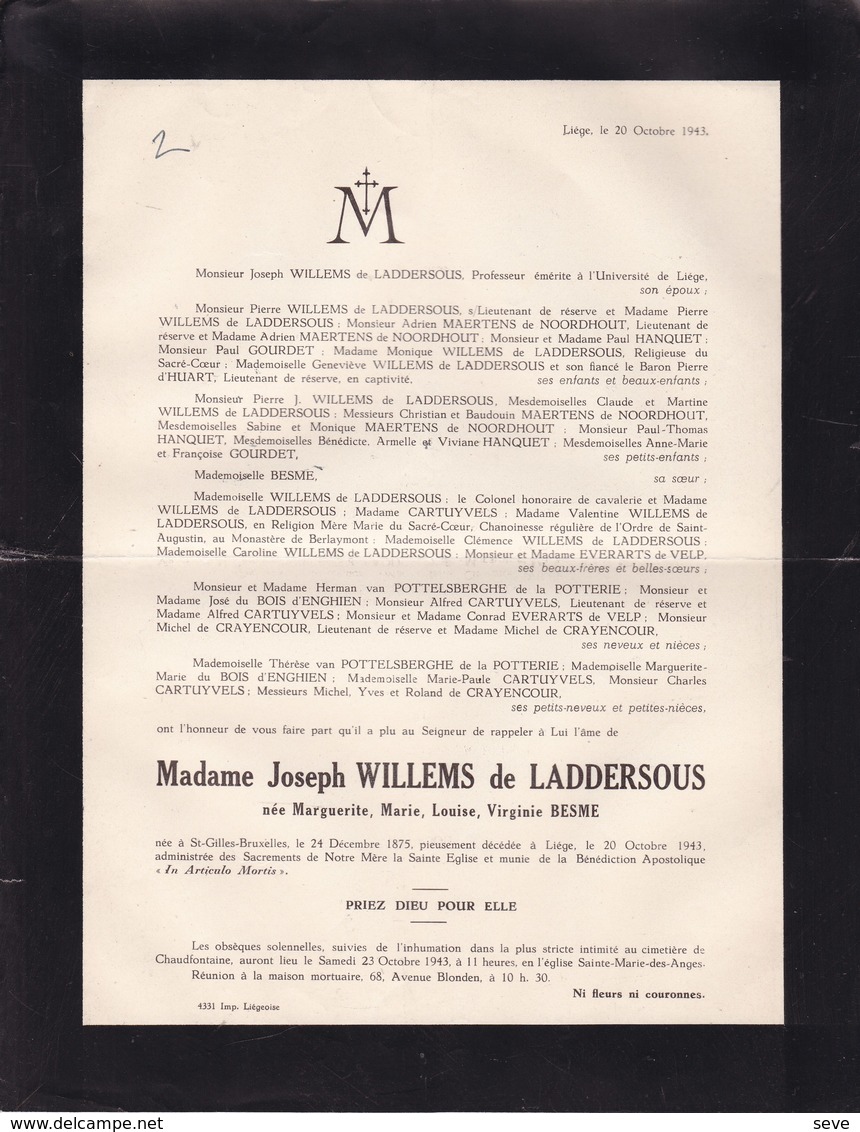 CHAUDFONTAINE SAINT-GILLES Marguerite BESME épouse WILLEMS De LADDERSOUS 1875-1943 Faire-part - Décès