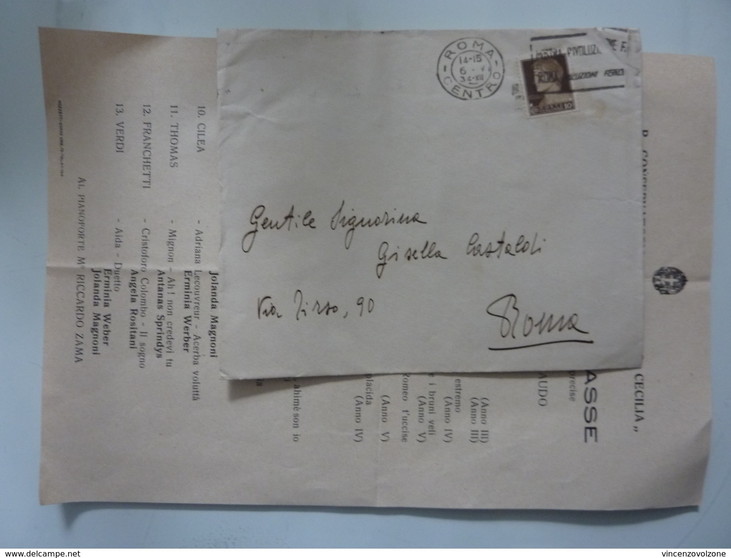 Busta  Viaggiata Con Documento "R. CONSERVATORIO DI MUSICA S. CECILIA ROMA  - XIV SAGGIO DI CLASSE 8 Maggio 1934" - Marcophilie