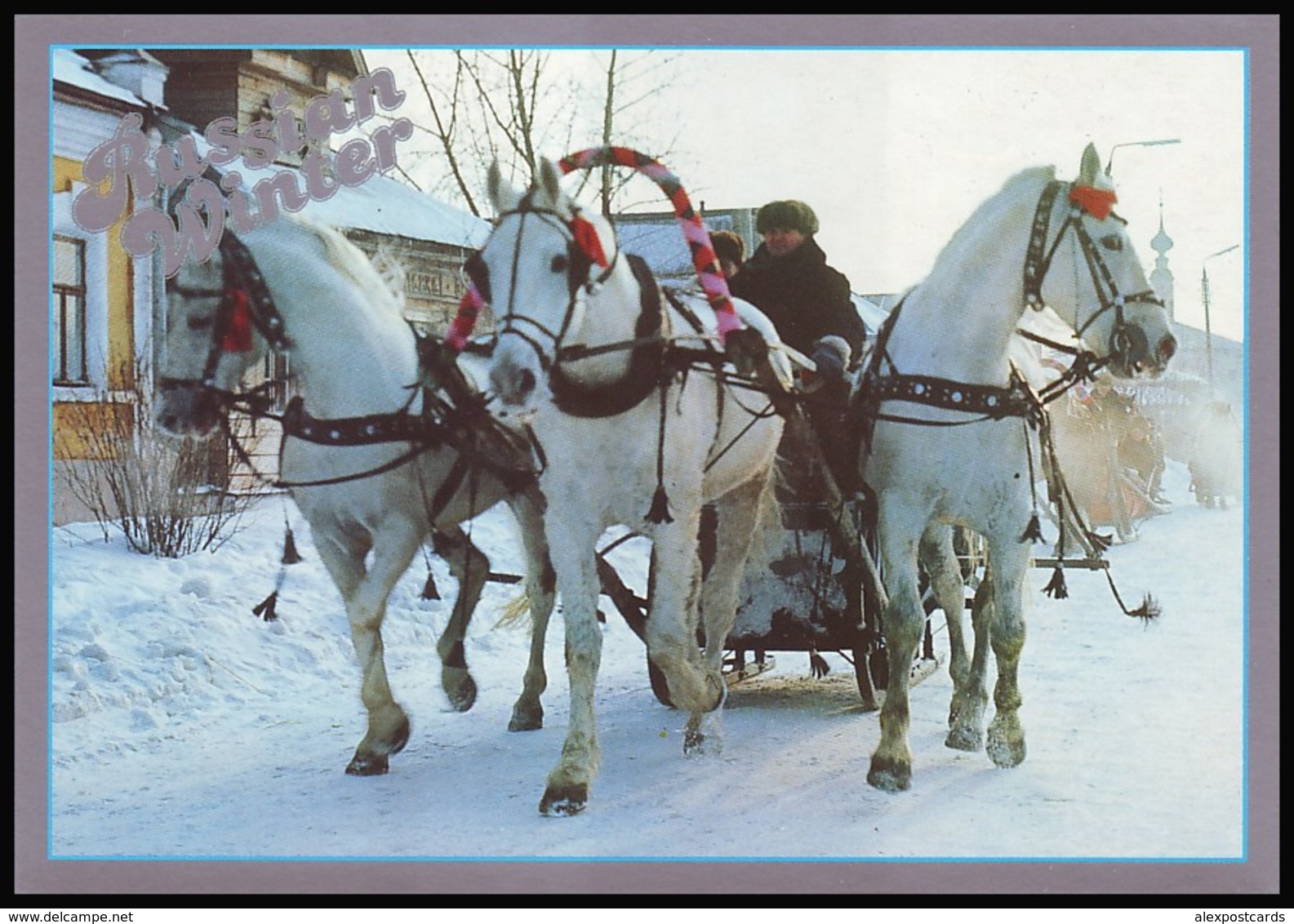 RUSSIA (USSR, 1980's). RUSSIAN WINTER. RIDING A TROIKA (A TRIO OF HORSES). V/O ''Intourservice''. Unused Postcard - Chevaux