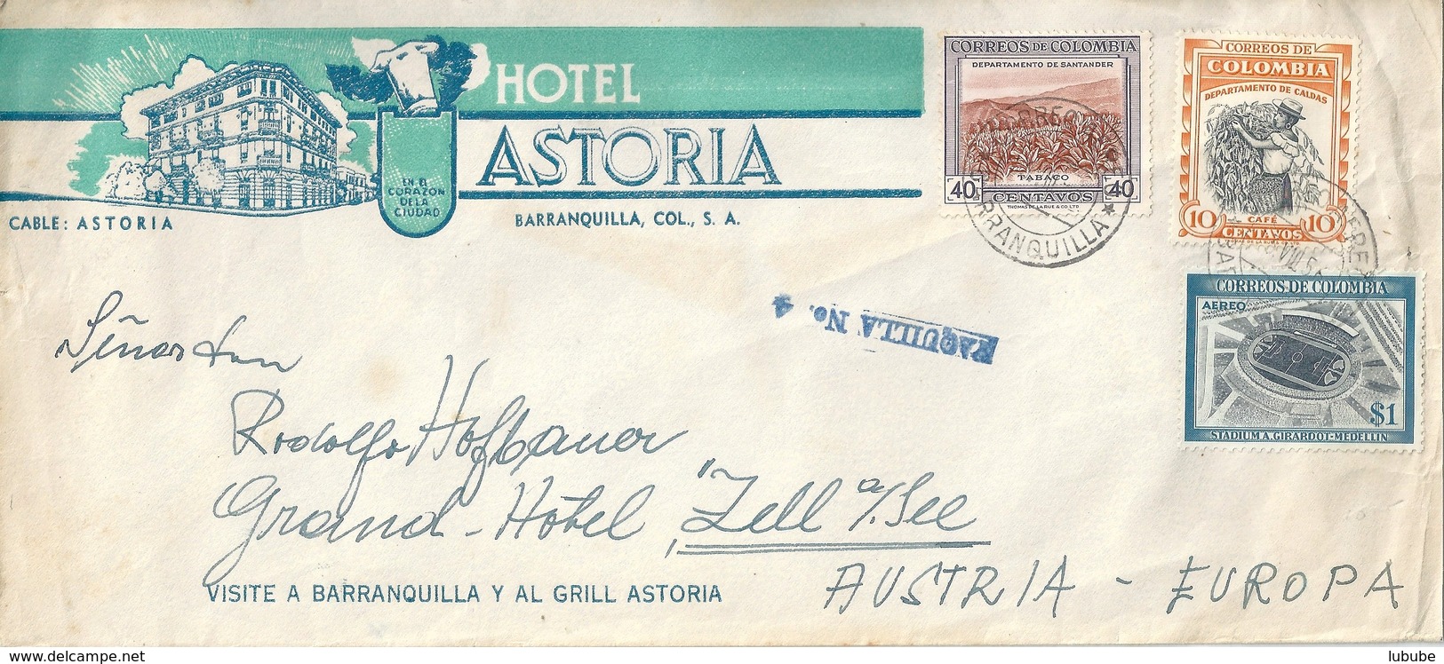 Ausland Brief  "Hotel Astoria, Barranquilla" - Zell Am See         1956 - Colombie