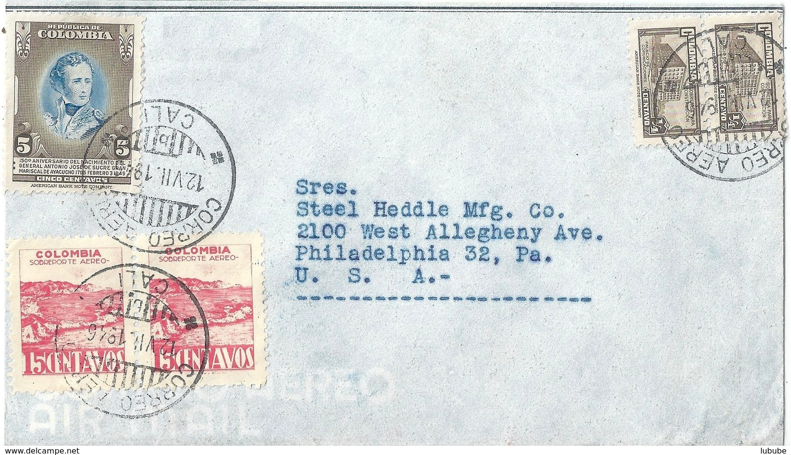 Ausland Brief  Cali - Philadelphia         1946 - Colombia