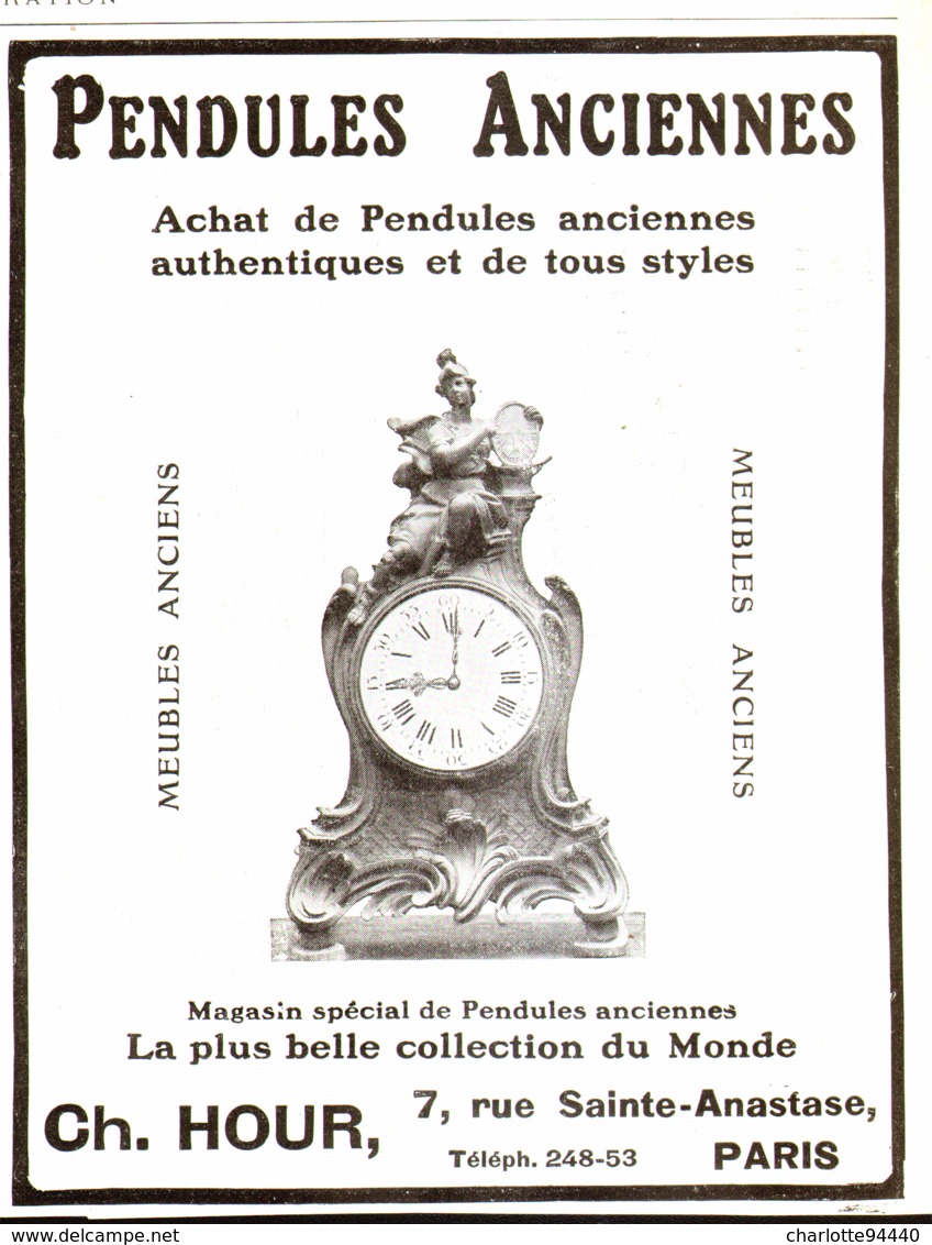 PUB PENDULES ANCIENNES   " CH. HOUR  "   1909  ( 3 ) - Horloges