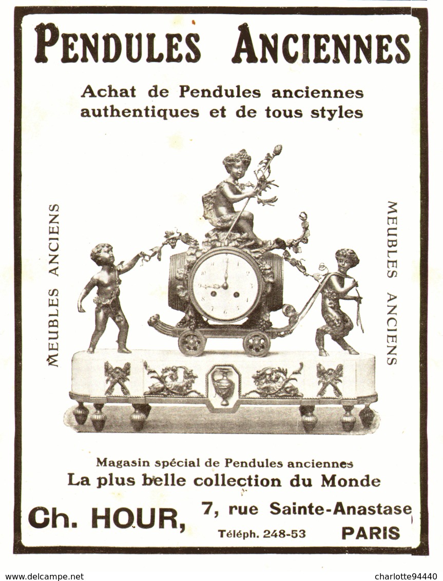 PUB PENDULES ANCIENNES   " CH. HOUR  "   1909  ( 4 ) - Wandklokken