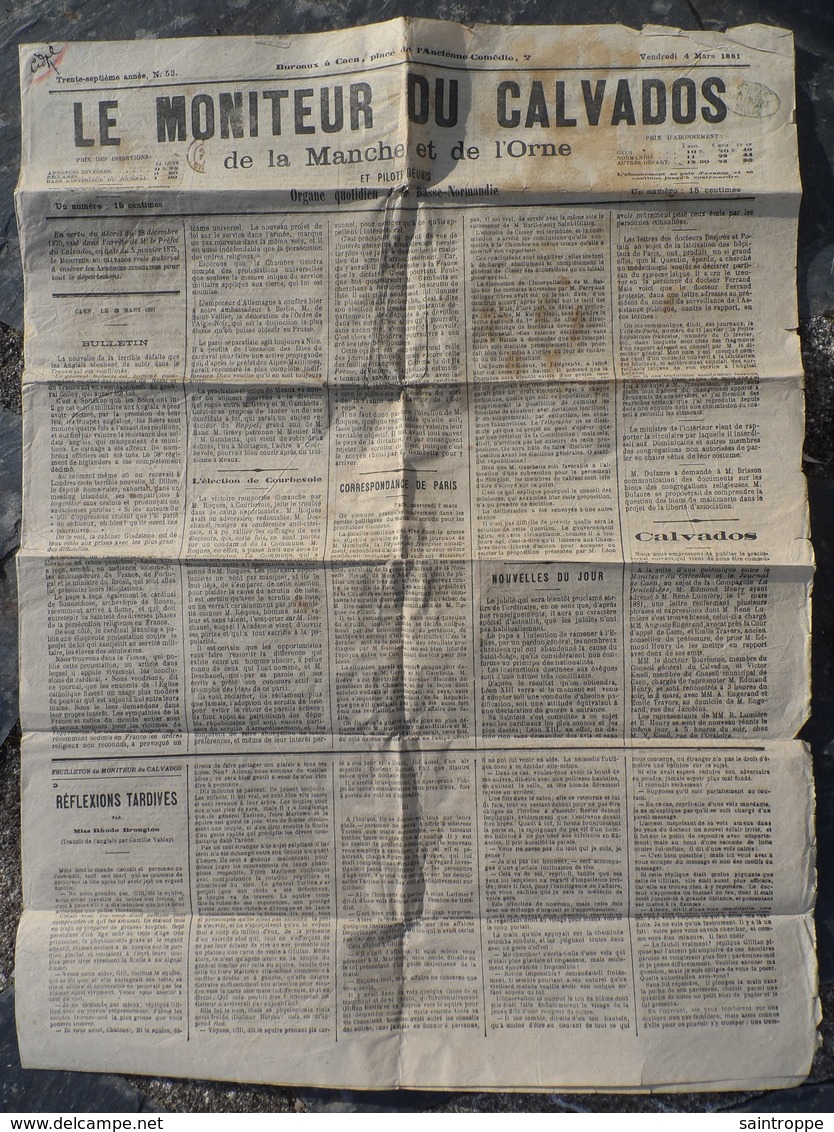 4 Mars 1881.Le Moniteur Du Calvados.Chemins De Fer De L'Ouest,horaires Du 15 Octobre 1880. - 1850 - 1899