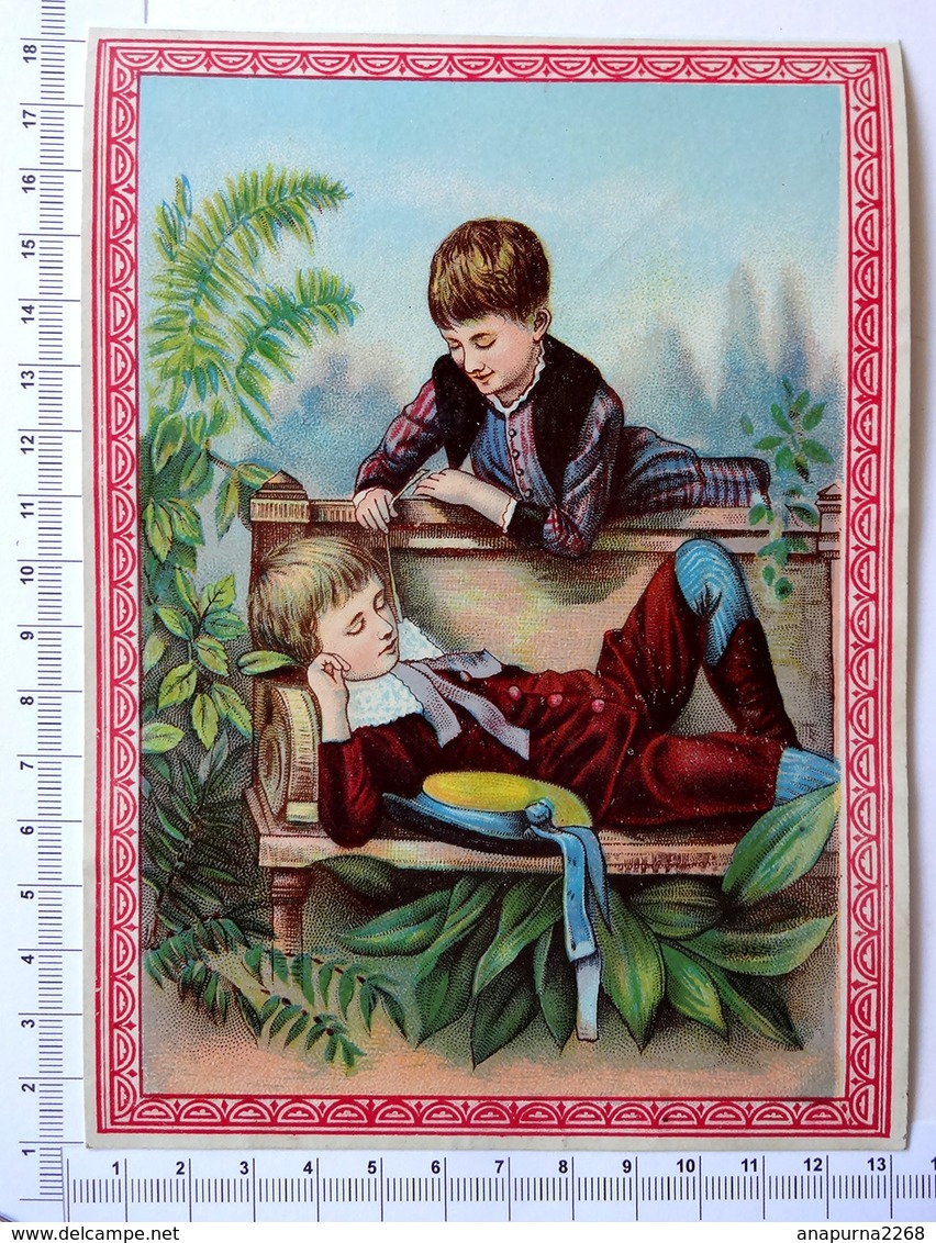 CHROMO LITHOGRAPHIE GRAND FORMAT.......ENFANTS  DANS UN JARDIN...REPOS SUR UN BANC - Autres & Non Classés