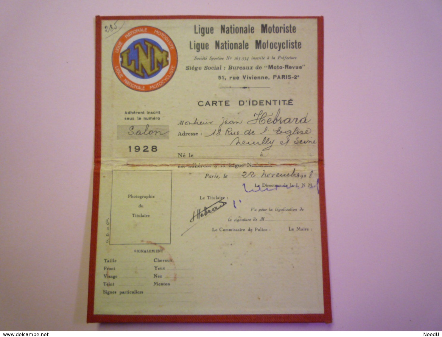 GP 2019 - 913  Ligue Nationale  MOTORISTE  :  Carte D'IDENTITE  1928  XXX - Unclassified