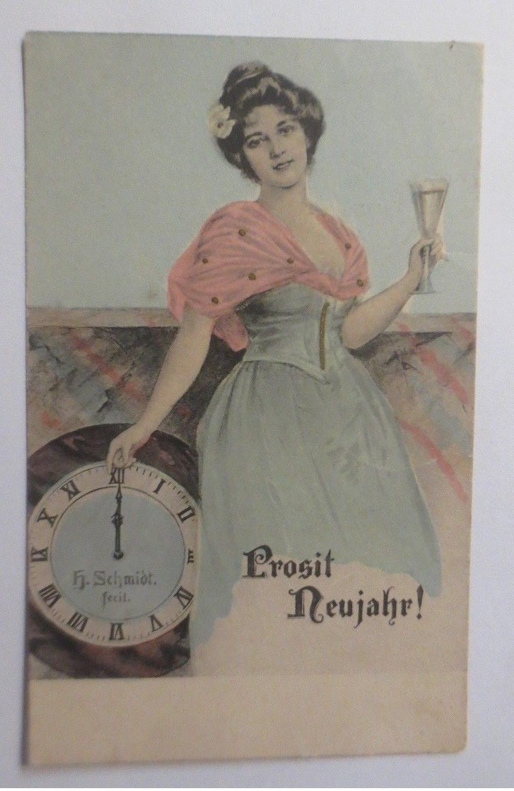 Neujahr, Frauen, Mode, Uhr, Sekt,     1906, H. Schmidt  ♥  - Neujahr