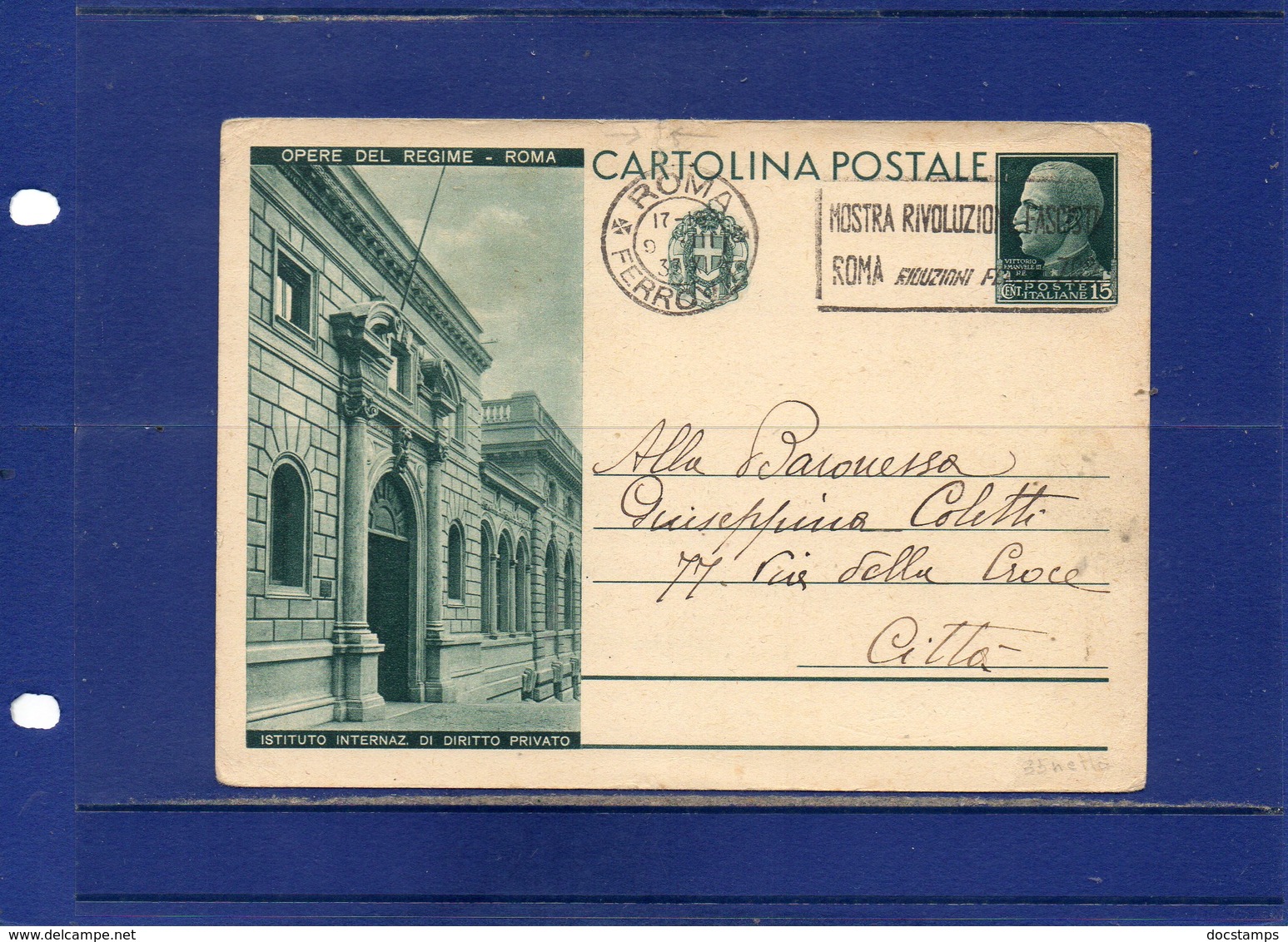 ##(DAN195)-1931-Cartolina Postale  Opere Del Regime Cent.15 Istituto Inter. Dirirro Privato  Cat. Filagrano C71/12 Usata - Stamped Stationery