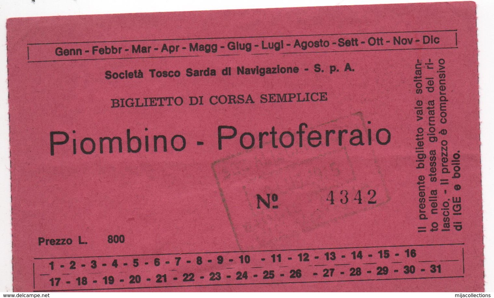 B74-2 Biglietto PIOMBINO-PORTOFERRAIO - 1965-timbre 5 Lires- VOIR 2 SCANS- 2 Billets ITALIE - Europe