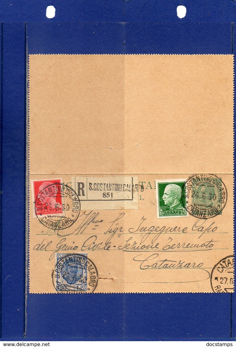 ##(DAN195)-1930-Biglietto Postale Cent.5 Mill.16 Cat.Filagrano B10, Raccomandato Da S.Costantino Calabro Per Catanzaro - Interi Postali