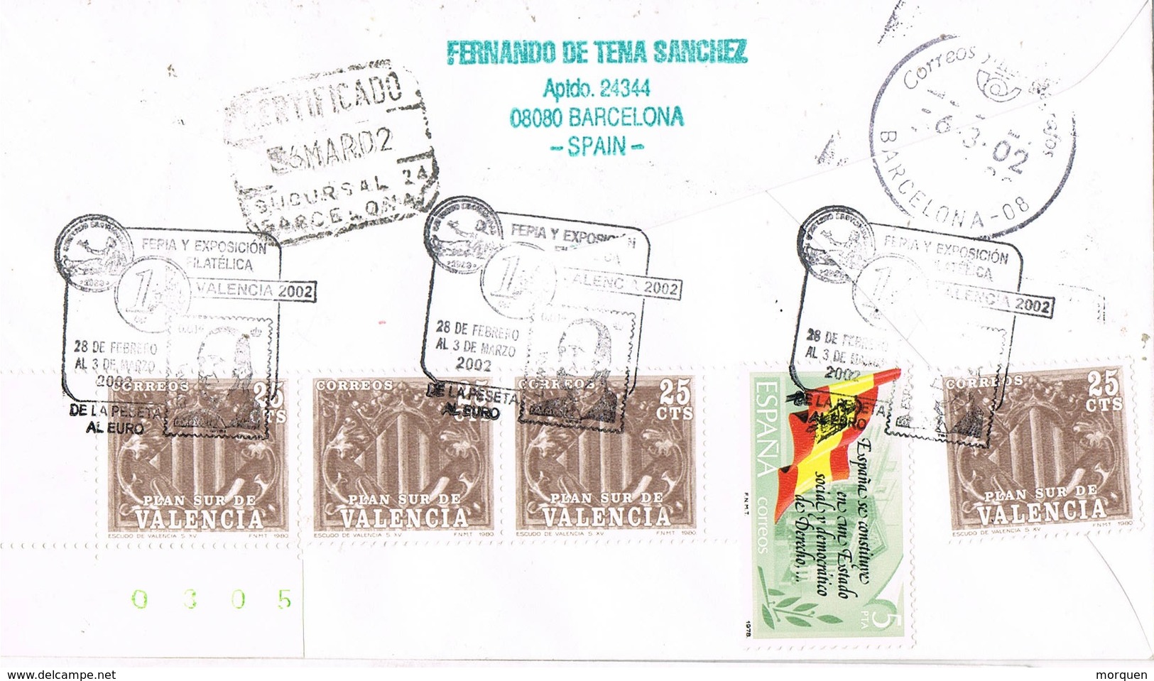 32320. Carta Certificada VALENCIA 2002. De La Peseta Al Euro. Serie 3259A-3262A - Cartas & Documentos