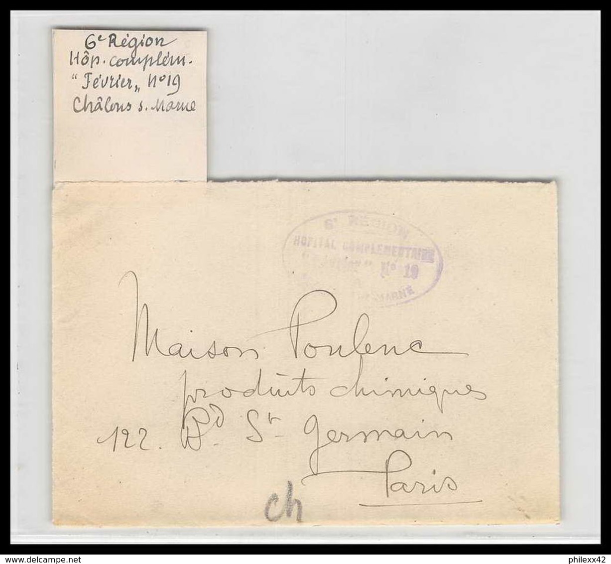 52753 Chalons Sur Marne Hopital Complementaire Fevrier 1919 Sante Guerre 1914/1918 War Devant De Lettre Front Cover - WW I