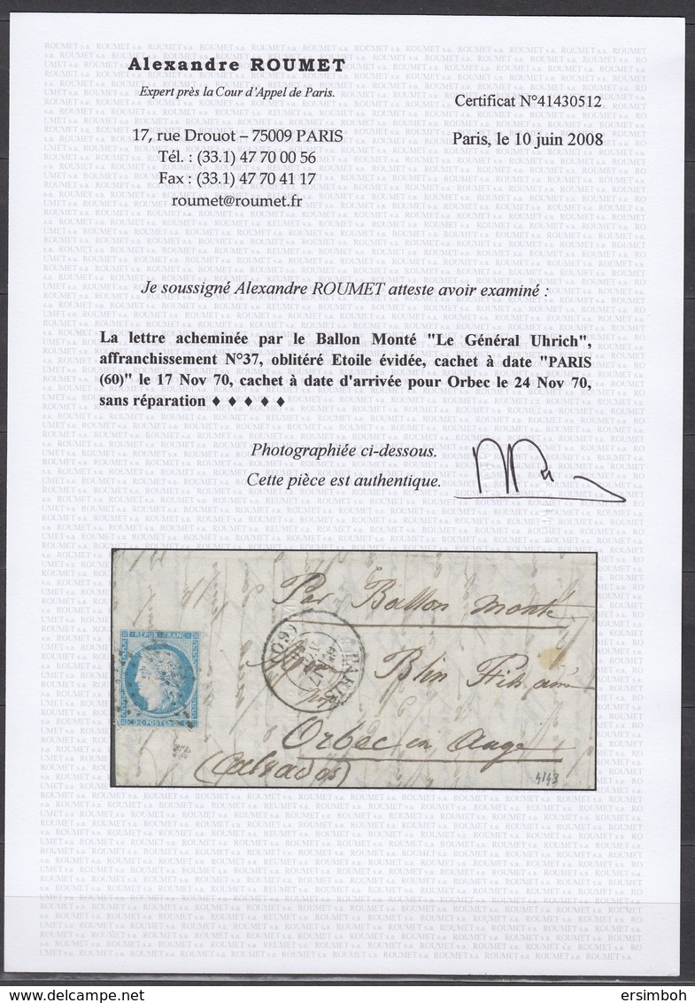 Ballon Monté Gal Uhrich N37 Etoile Paris-Orbec. Signé Et Certificat Roumet - 1870 Siege Of Paris
