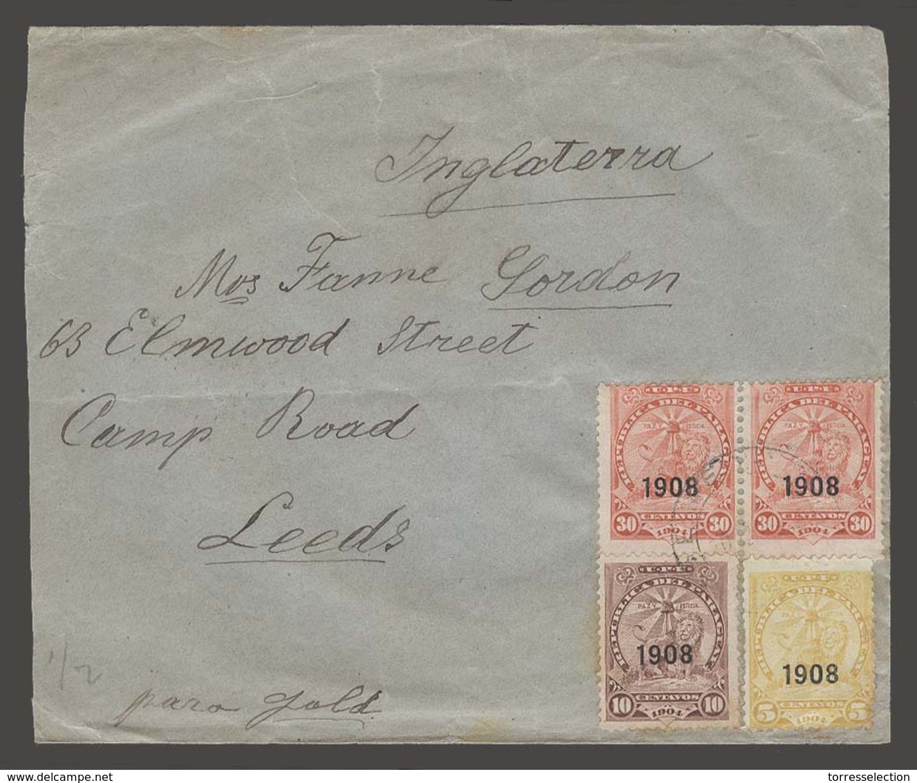 PARAGUAY. 1909 (10 April). Asuncion - UK / Leeds (7 May). Multifkd Env 75c Rate 1908 Ovptd Issue Cds. Fine. - Paraguay