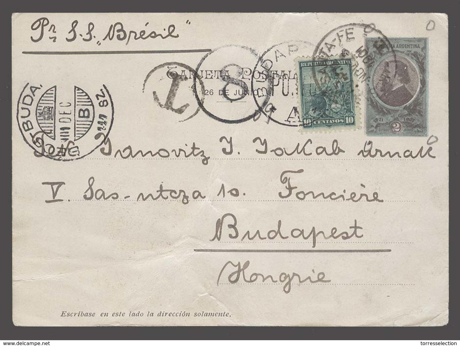 Argentina - Stationery. 1901 (28 Nov). Rosario / SF - Hungary. Invalid 2c Ilustrated Stat Card + 10c Adtl Taxed 8 + T + - Autres & Non Classés
