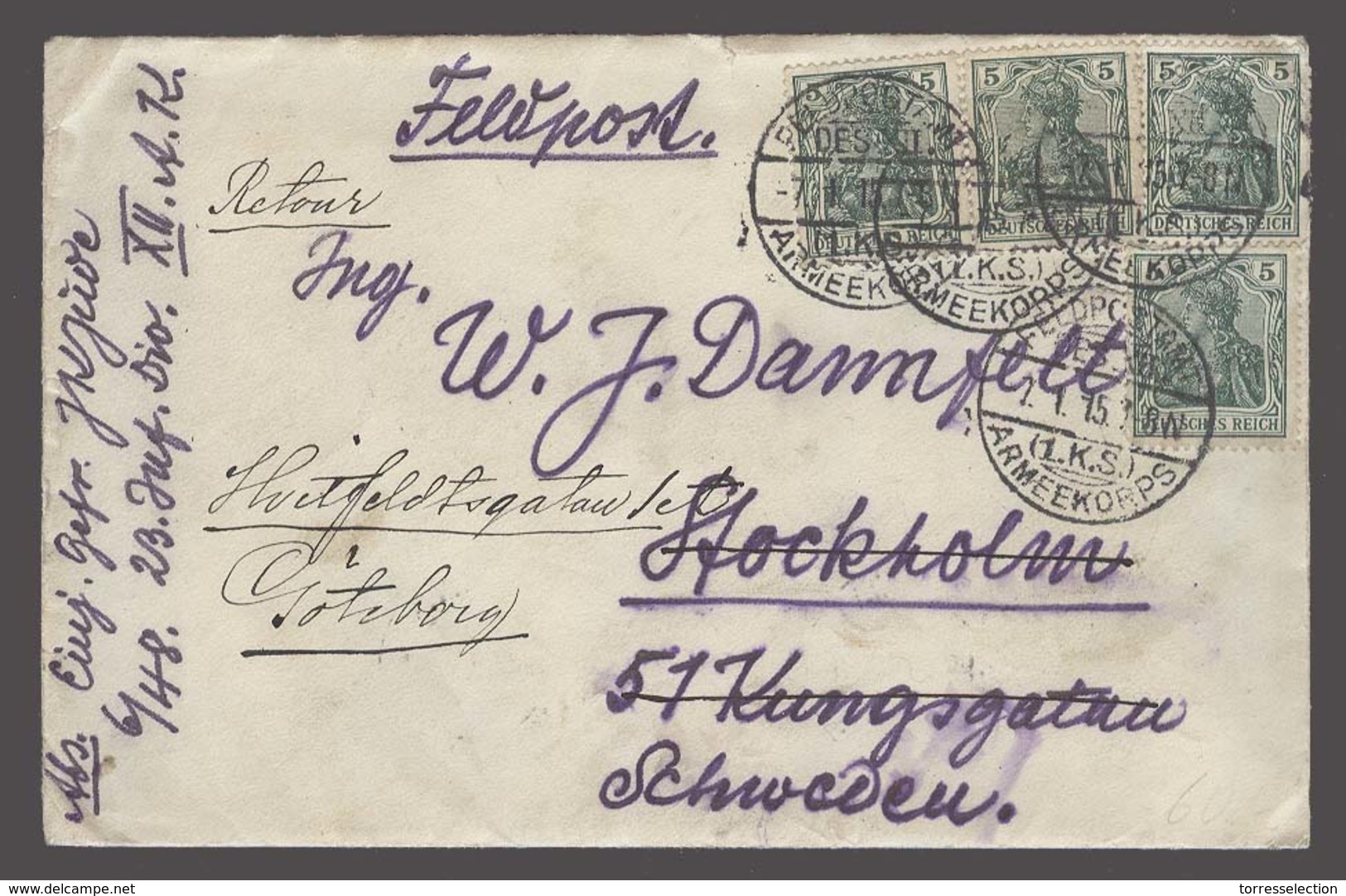 MILITARY MAIL. 1915 (7 Jan). Germany - Sweden / Goteborg (16 Jan). WW I Miitary Fkd Mai Return. Unusual. - Militärpost (MP)