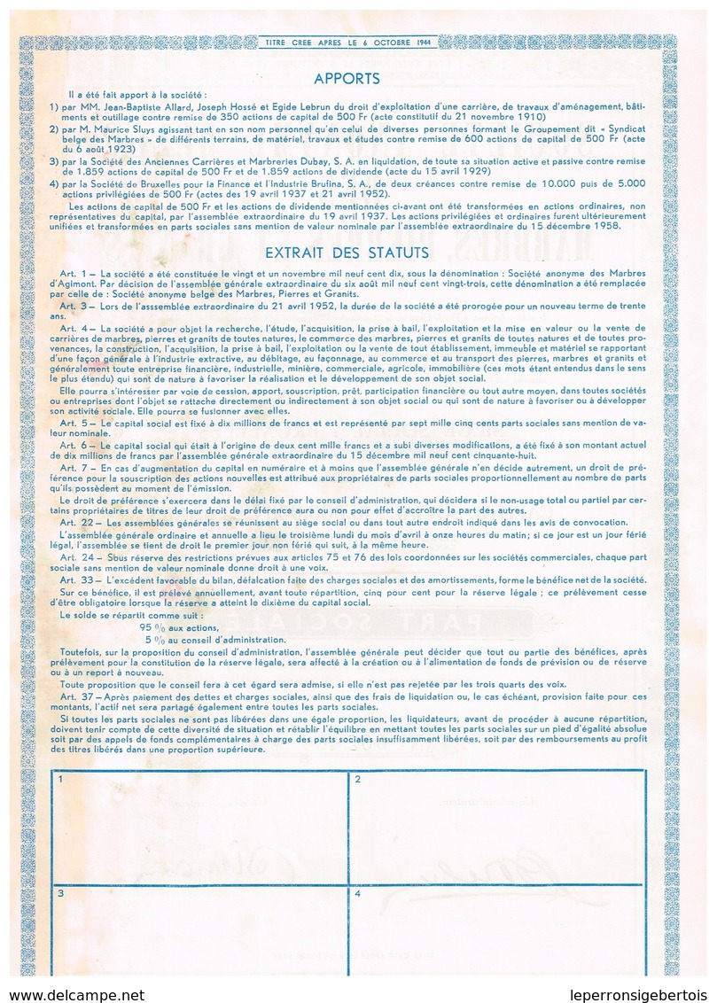 Action Ancienne - Sté Anonyme Belge Des Marbres Pierres Et Granits - Titre De 1959 N°002400 - Mines