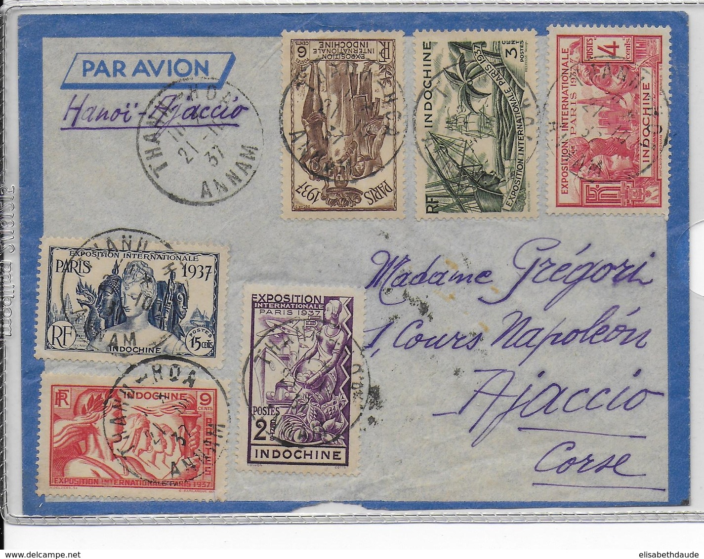 INDOCHINE - 1937 - SERIE EXPO 37 COMPLETE Sur ENVELOPPE Par AVION De THANN HOA (ANNAM) => AJACCIO (CORSE) - Lettres & Documents