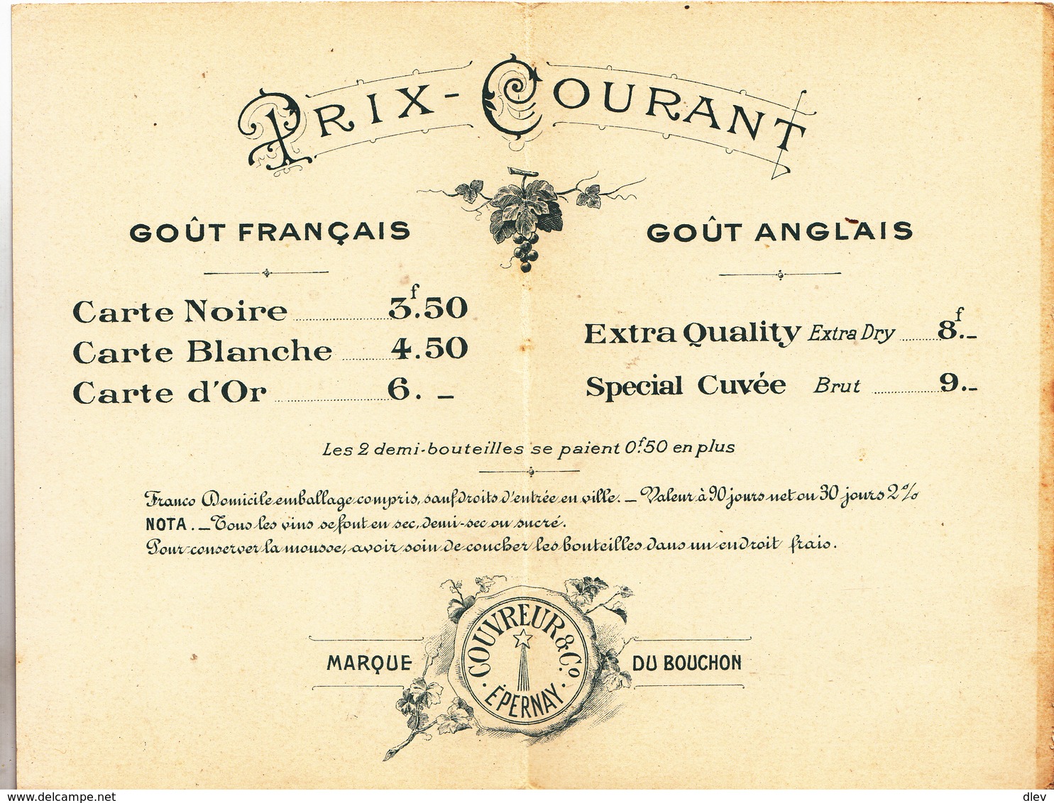 Vins Fins De Champagne Couvreur & C° - Prix Courant - Menus