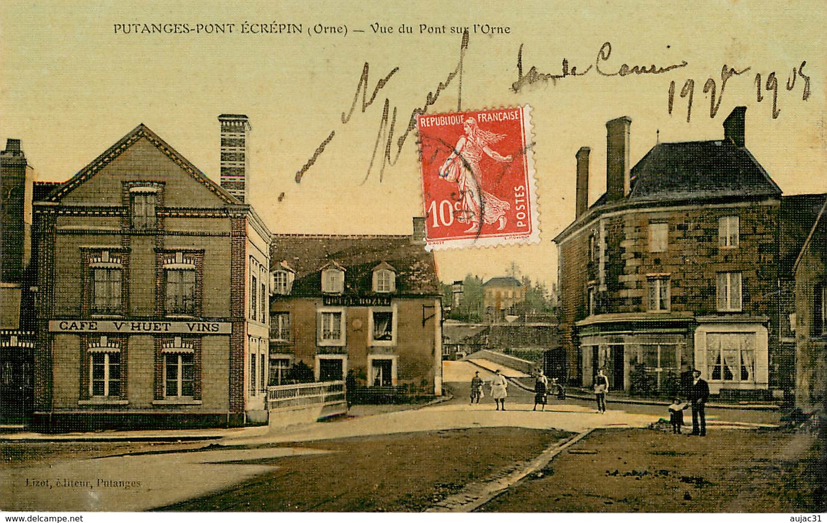 Dép 61 - Putanges Pont Ecrépin - Vue Du Pont Sur L'Orne - Carte Toilée Couleurs - Café Huet à Gauche - Putanges